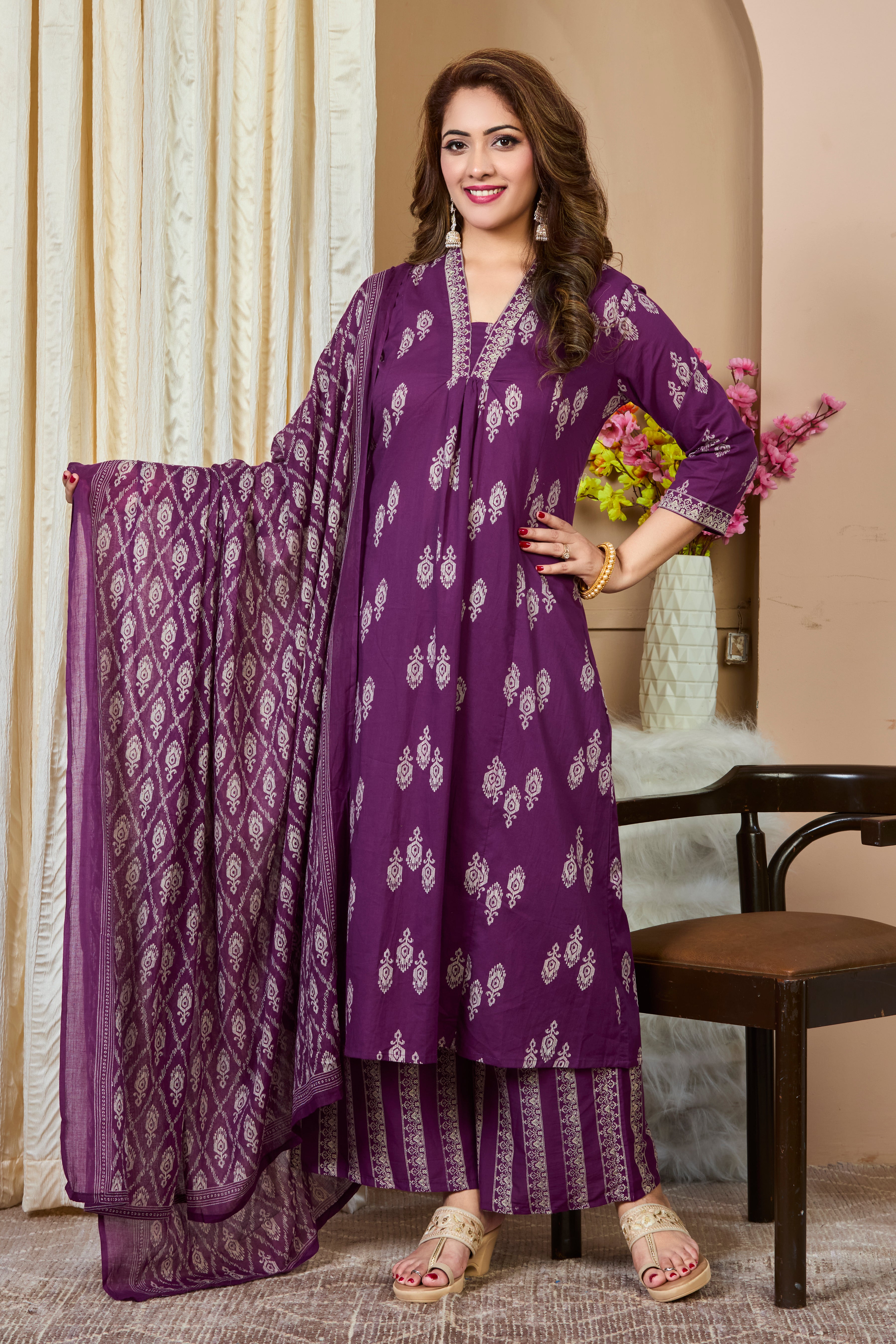Deep Purple Hand Block Printed A-Line Kurta with Cotton Dupatta