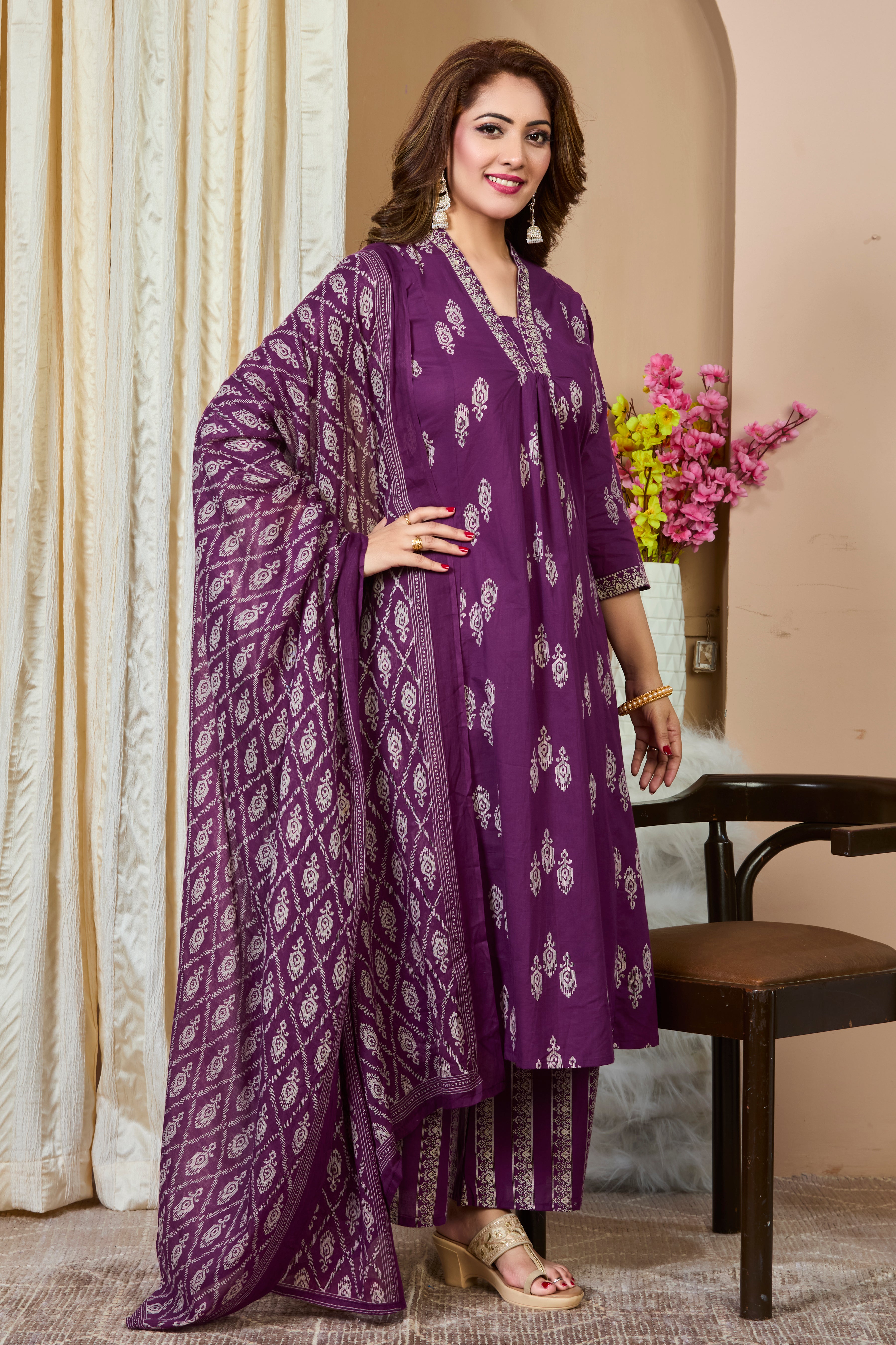 Deep Purple Hand Block Printed A-Line Kurta with Cotton Dupatta