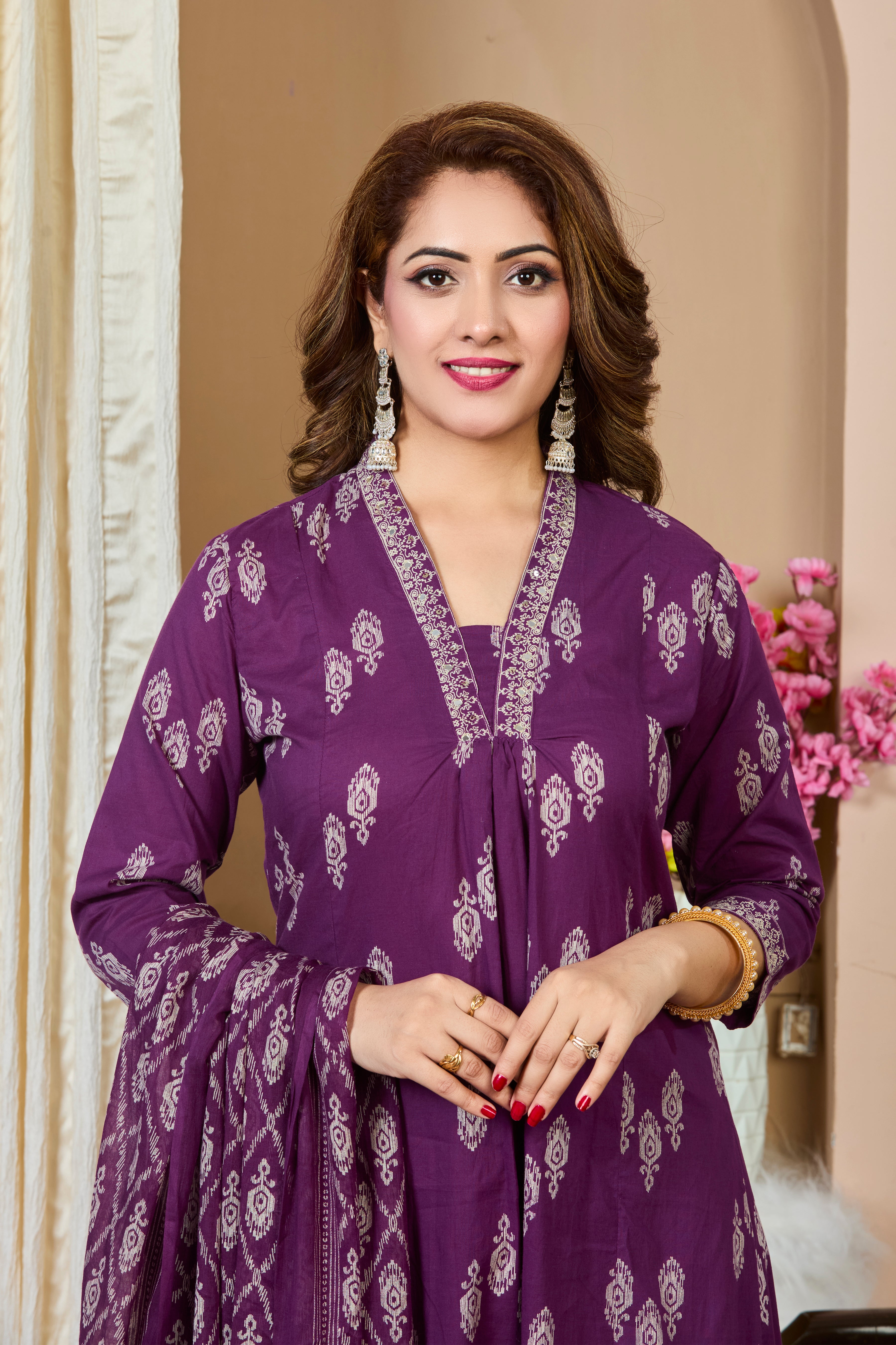 Deep Purple Hand Block Printed A-Line Kurta with Cotton Dupatta
