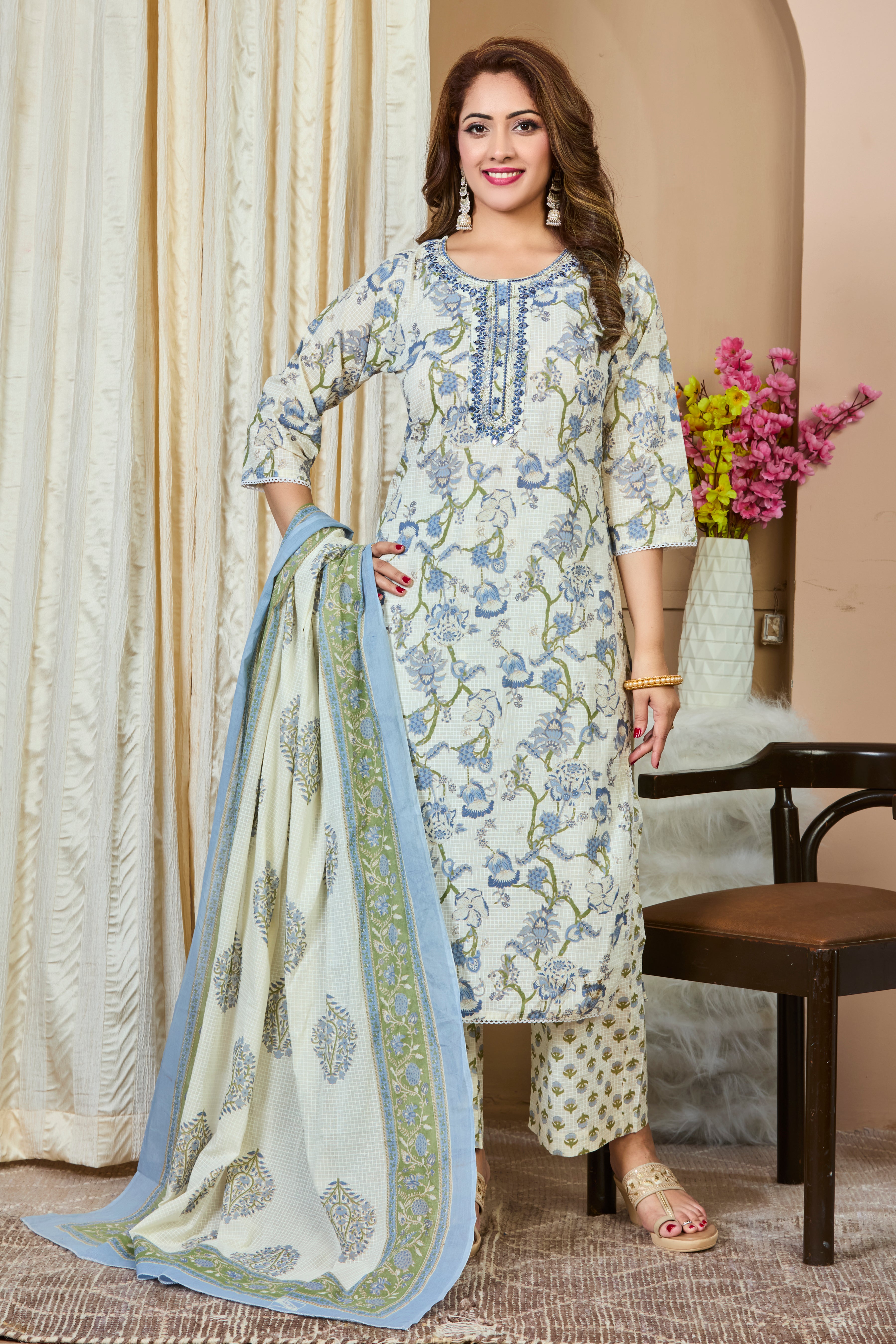 Off-White with Pastel Blue Floral Check Pattern Straight Suit Set with Cotton Dupatta