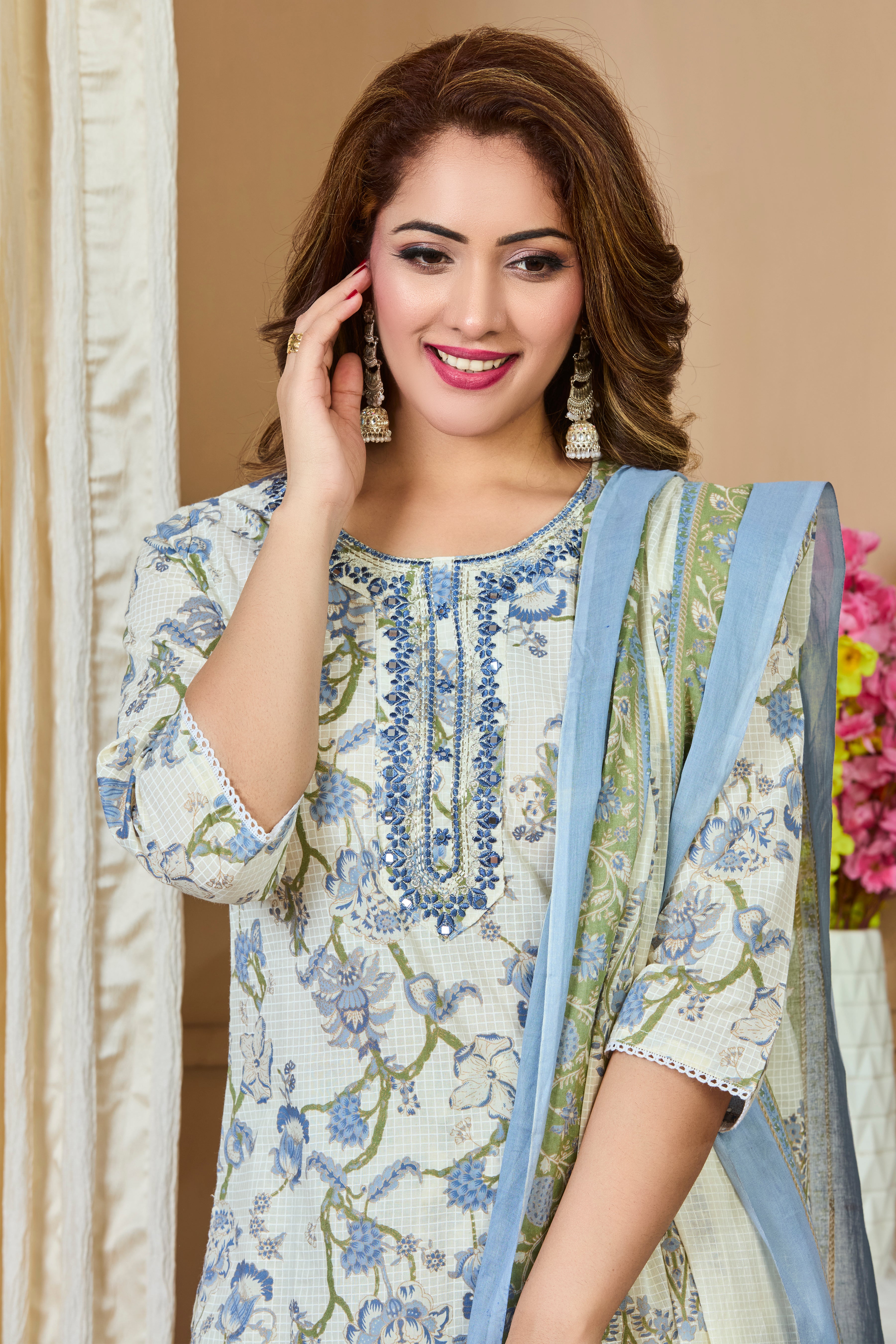 Off-White with Pastel Blue Floral Check Pattern Straight Suit Set with Cotton Dupatta