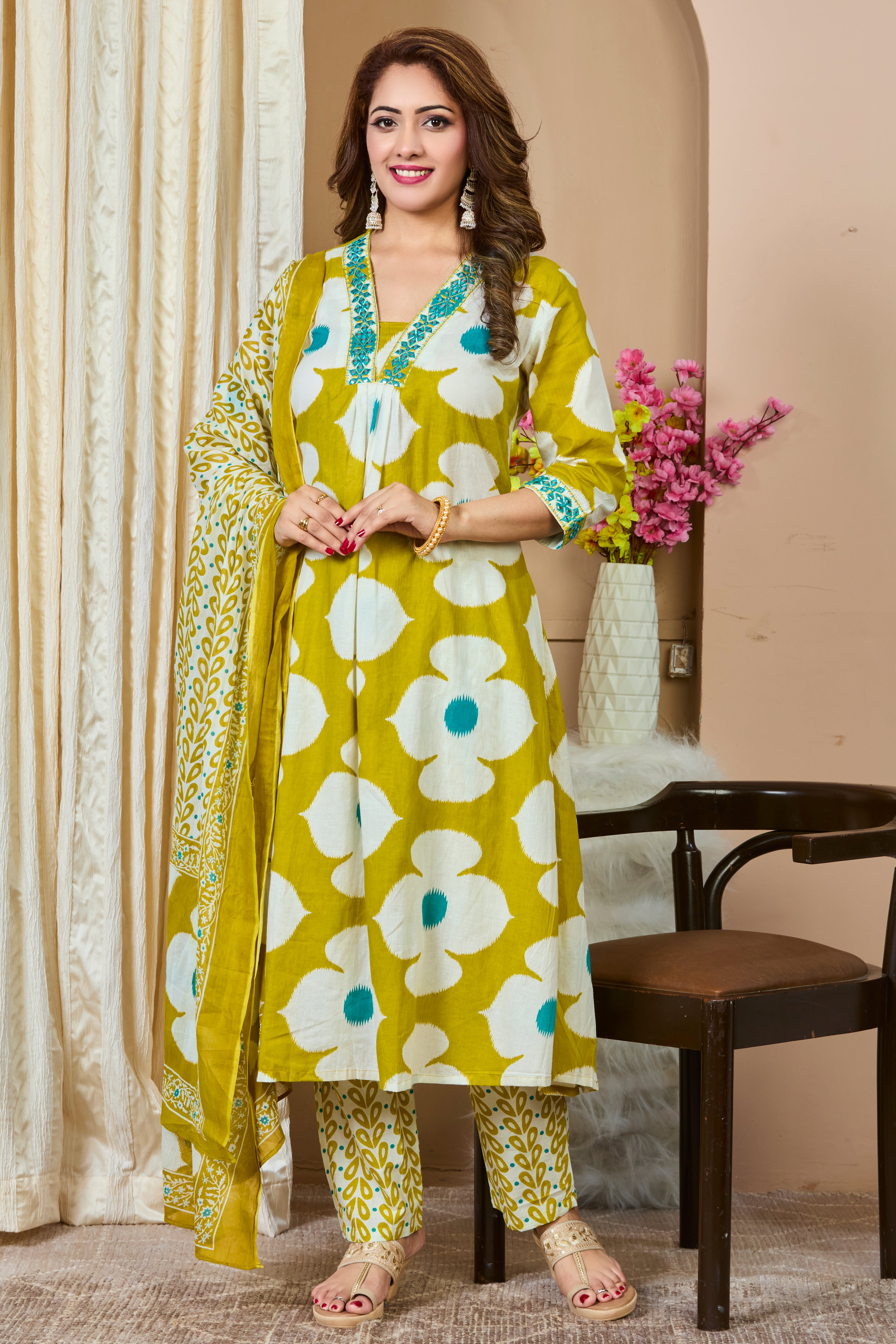 Mustard Yellow Floral Handblock Print A-Line Kurta with Cotton Dupatta