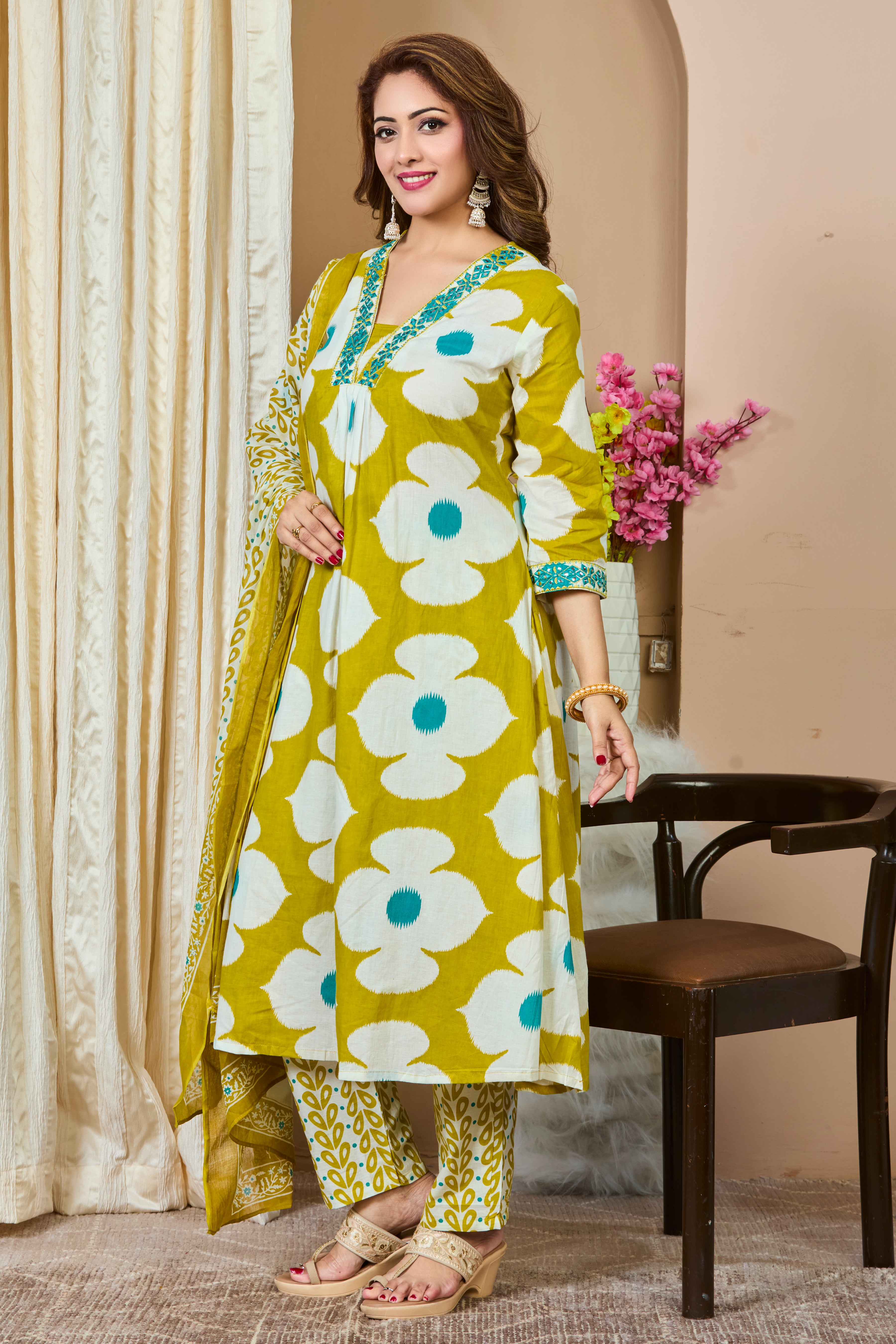 Mustard Yellow Floral Handblock Print A-Line Kurta with Cotton Dupatta