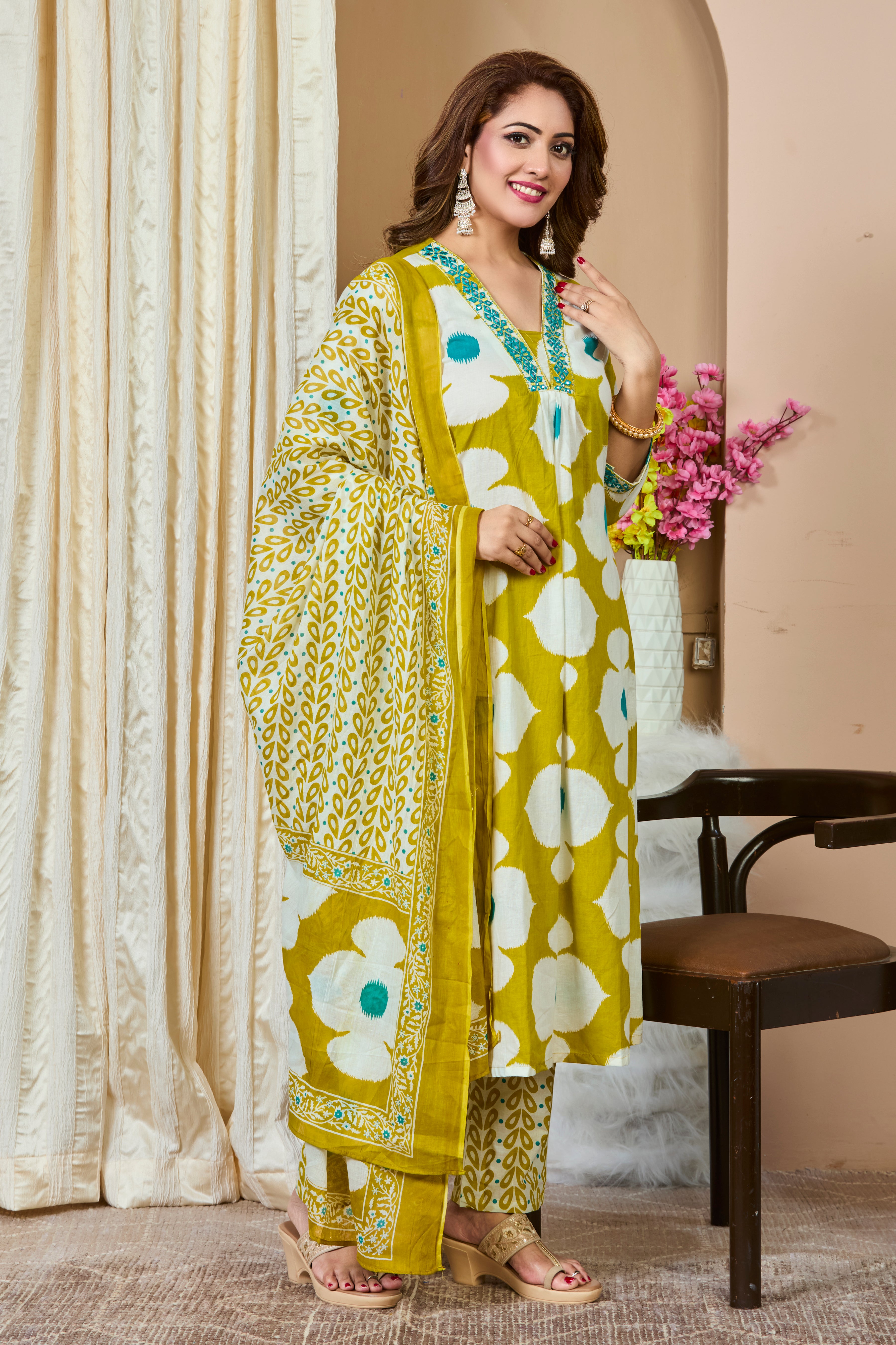 Mustard Yellow Floral Handblock Print A-Line Kurta with Cotton Dupatta