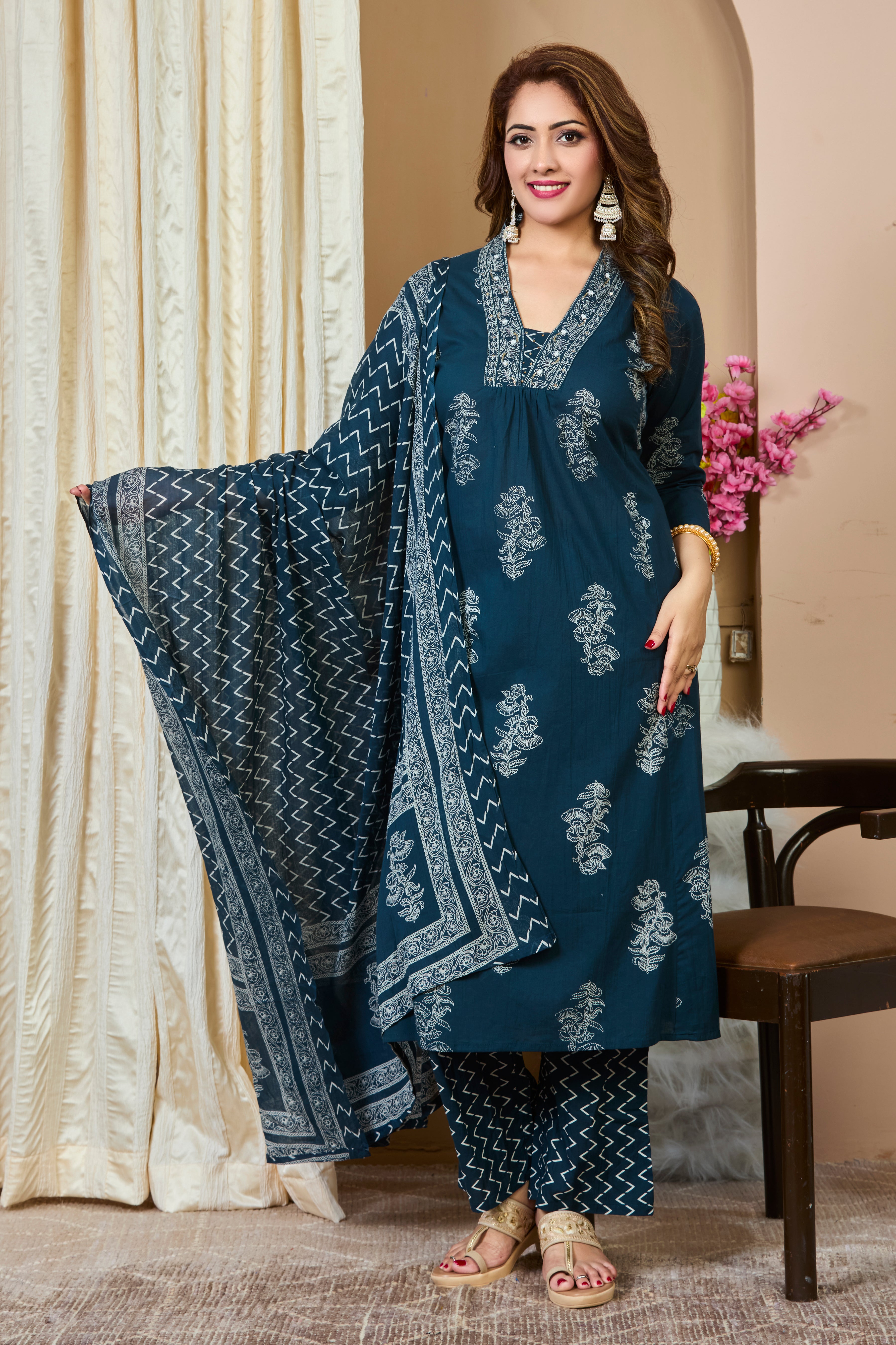 Ocean Teal Hand Block Floral Print A-Line Kurta with White Thread Embroidery & Cotton Dupatta