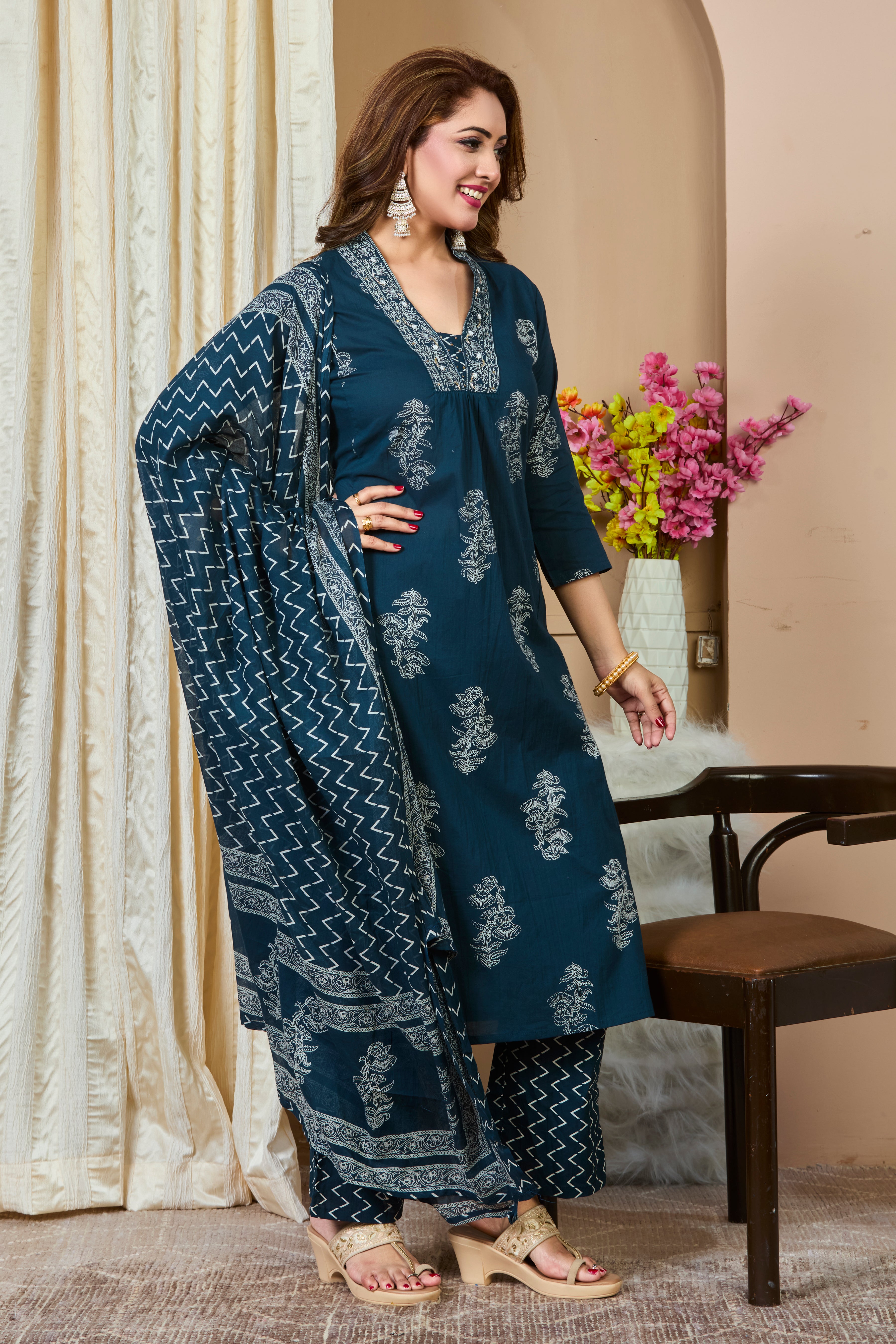 Ocean Teal Hand Block Floral Print A-Line Kurta with White Thread Embroidery & Cotton Dupatta