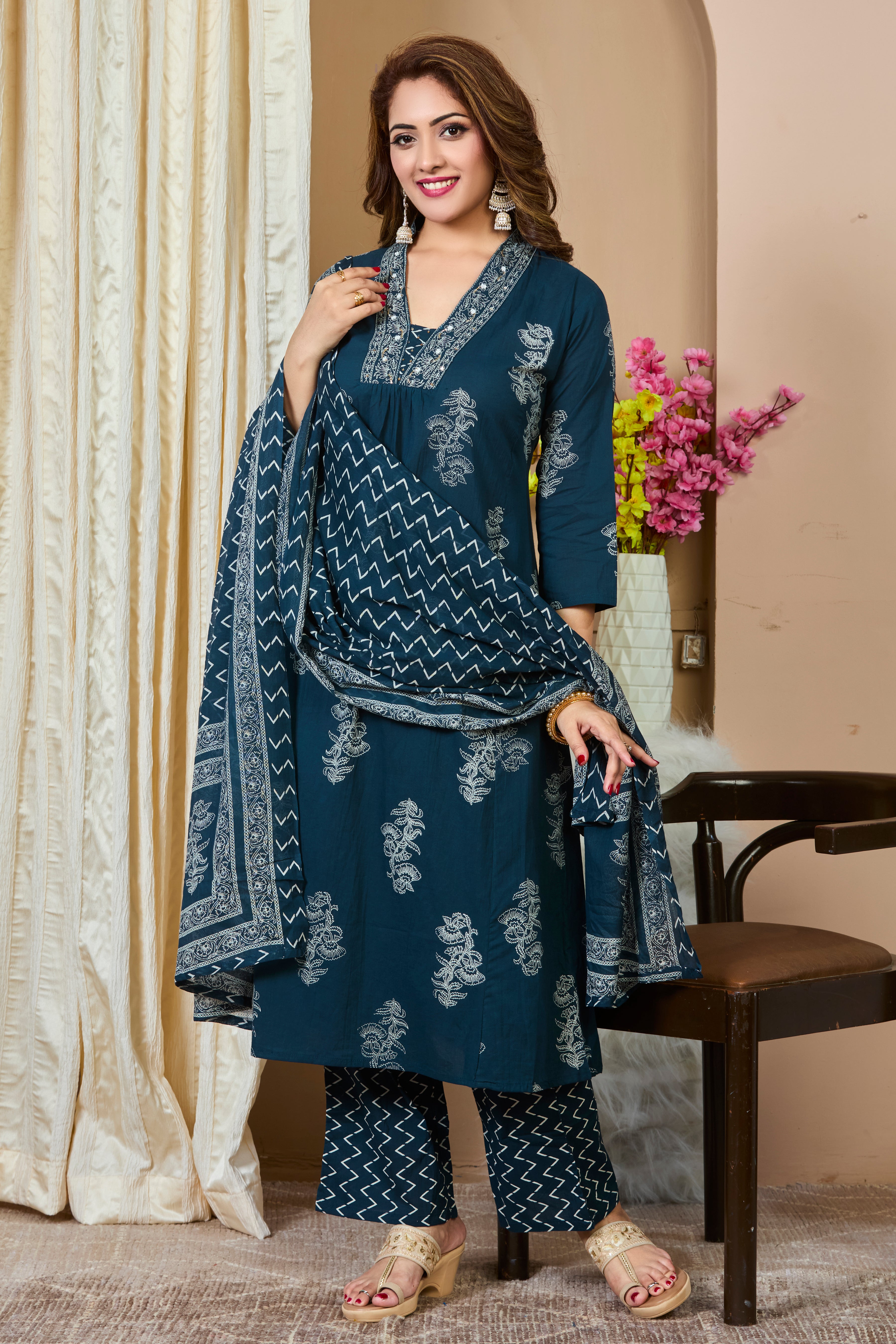 Ocean Teal Hand Block Floral Print A-Line Kurta with White Thread Embroidery & Cotton Dupatta