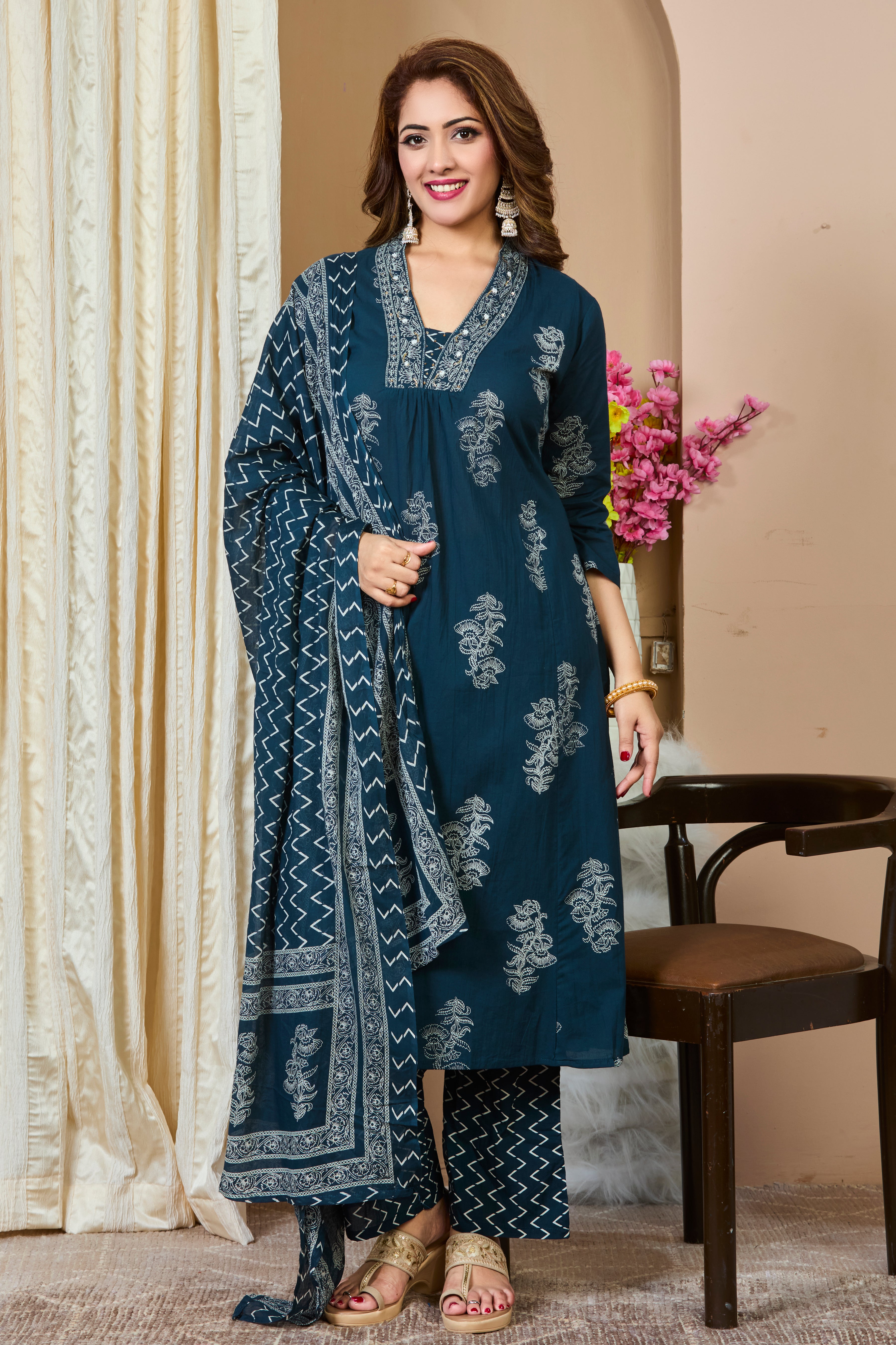 Ocean Teal Hand Block Floral Print A-Line Kurta with White Thread Embroidery & Cotton Dupatta