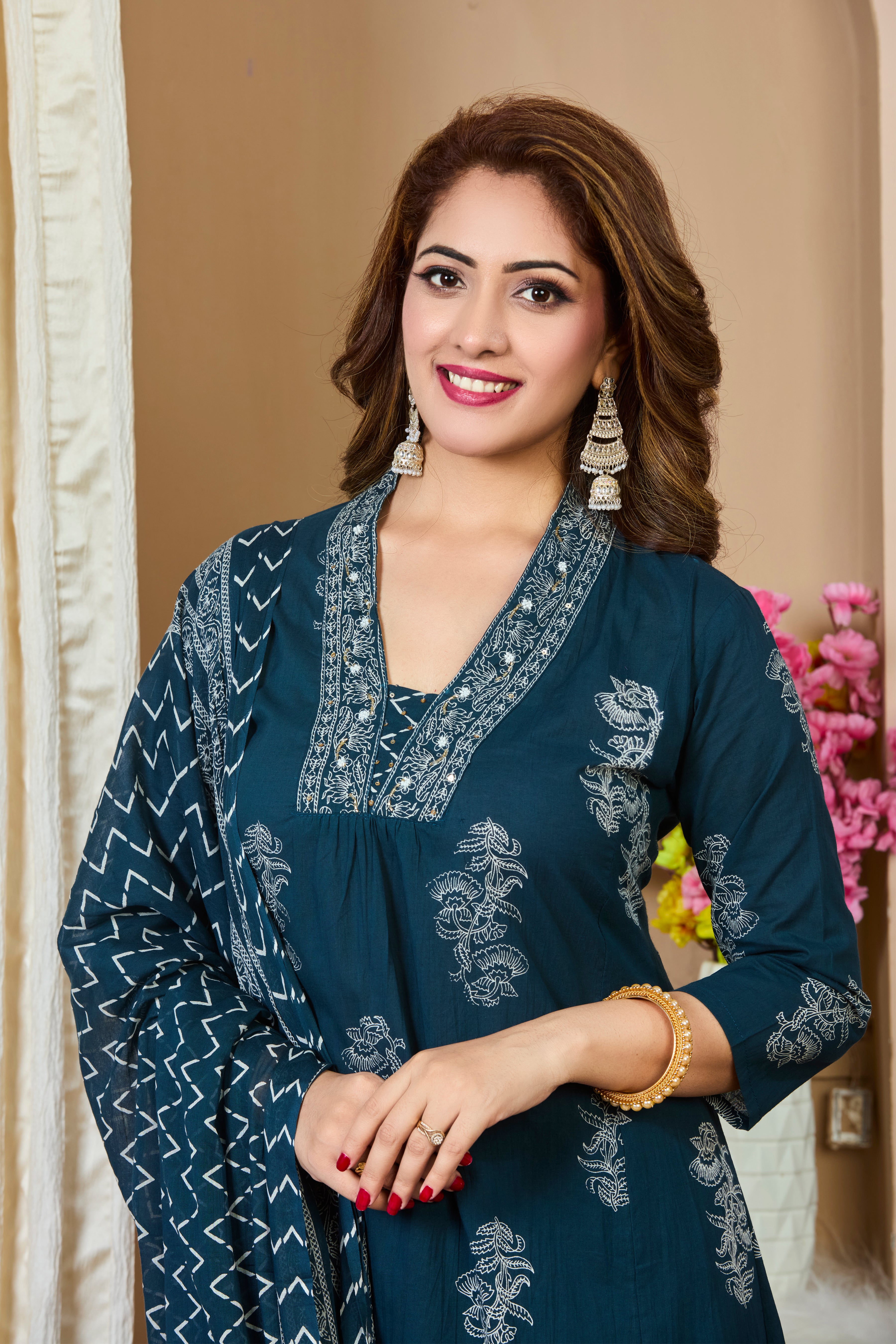 Ocean Teal Hand Block Floral Print A-Line Kurta with White Thread Embroidery & Cotton Dupatta