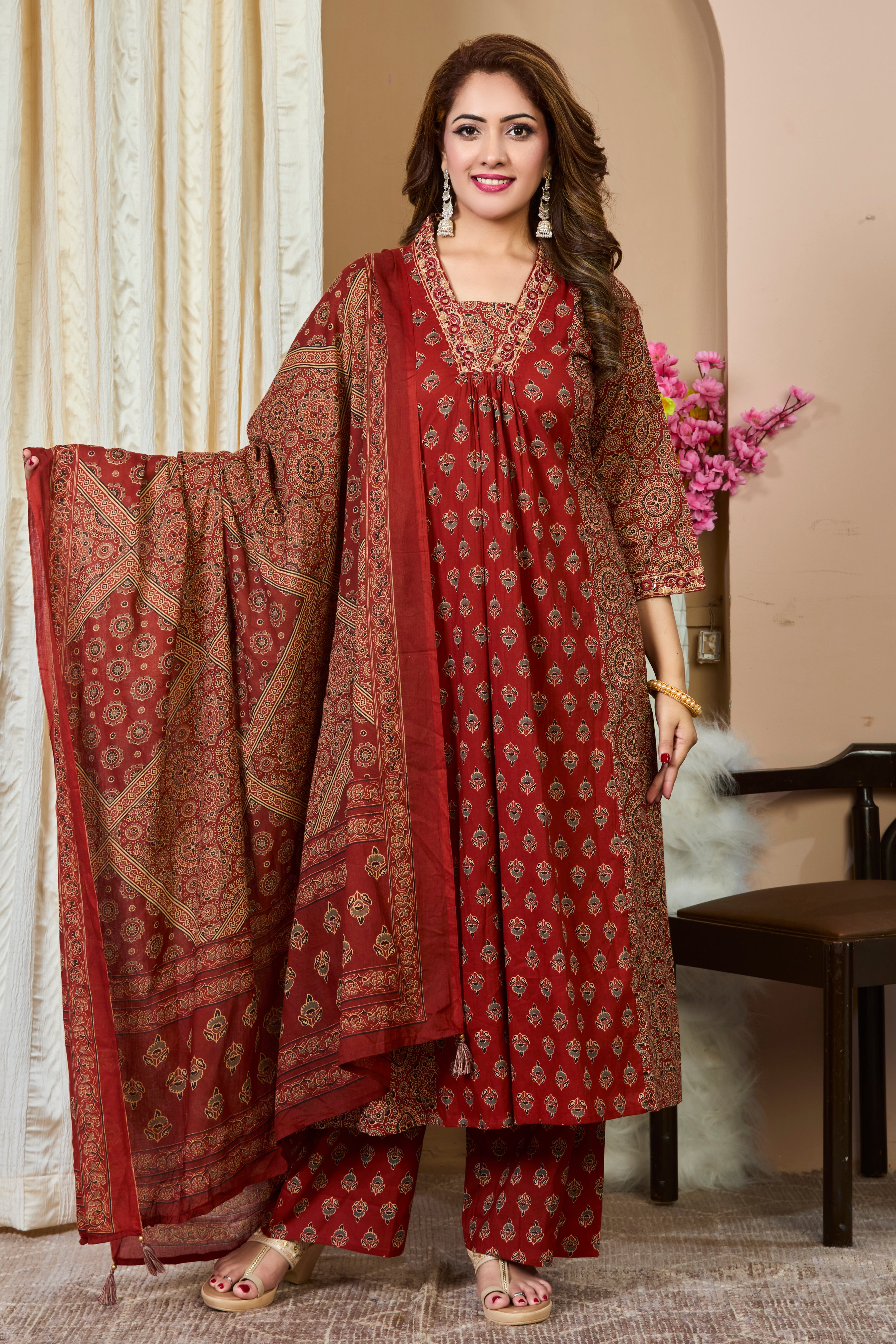 Rich Rust Red Hand Block Floral Print A-Line Kurta with Beige and Ebony Accents and Cotton Dupatta