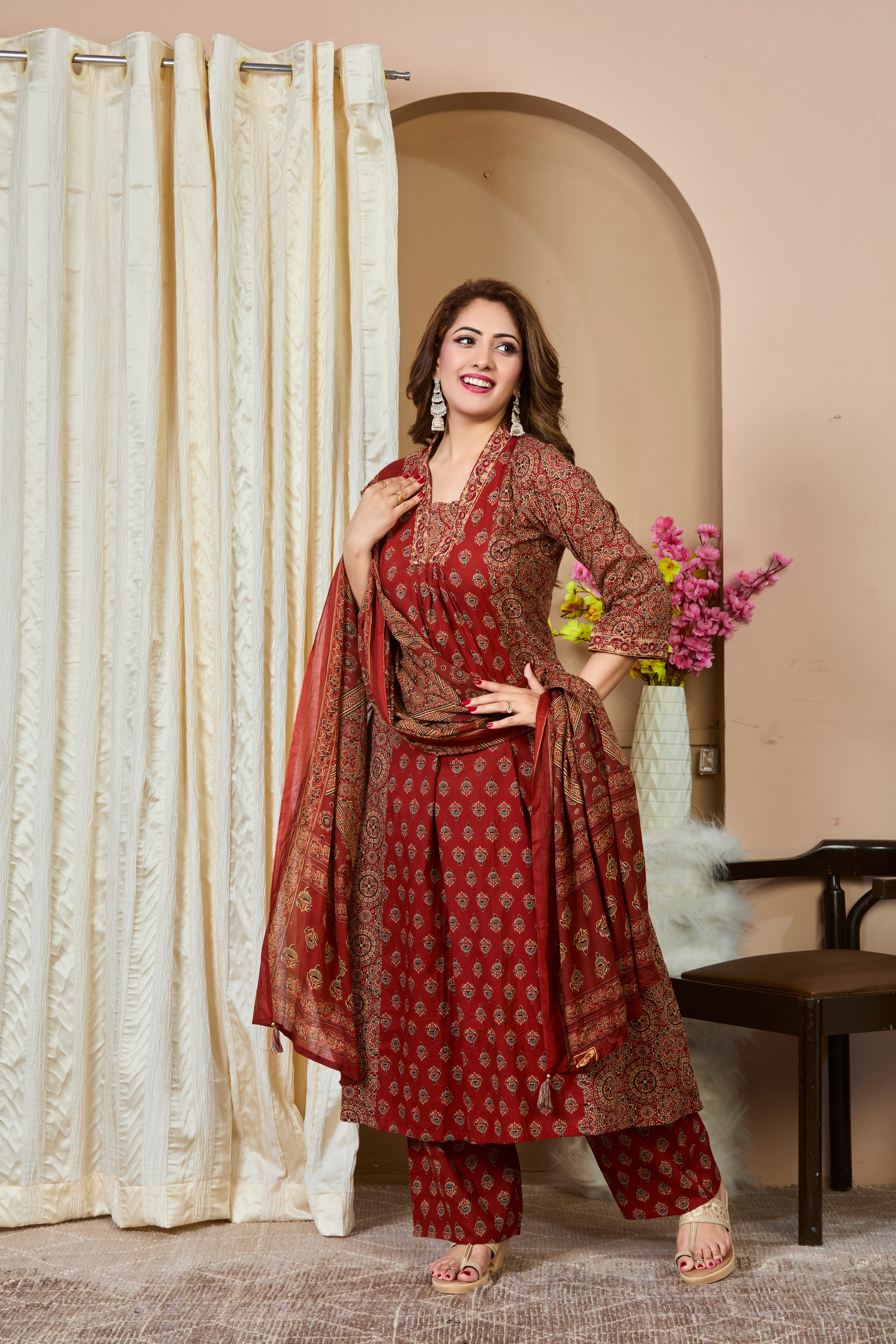 Rich Rust Red Hand Block Floral Print A-Line Kurta with Beige and Ebony Accents and Cotton Dupatta