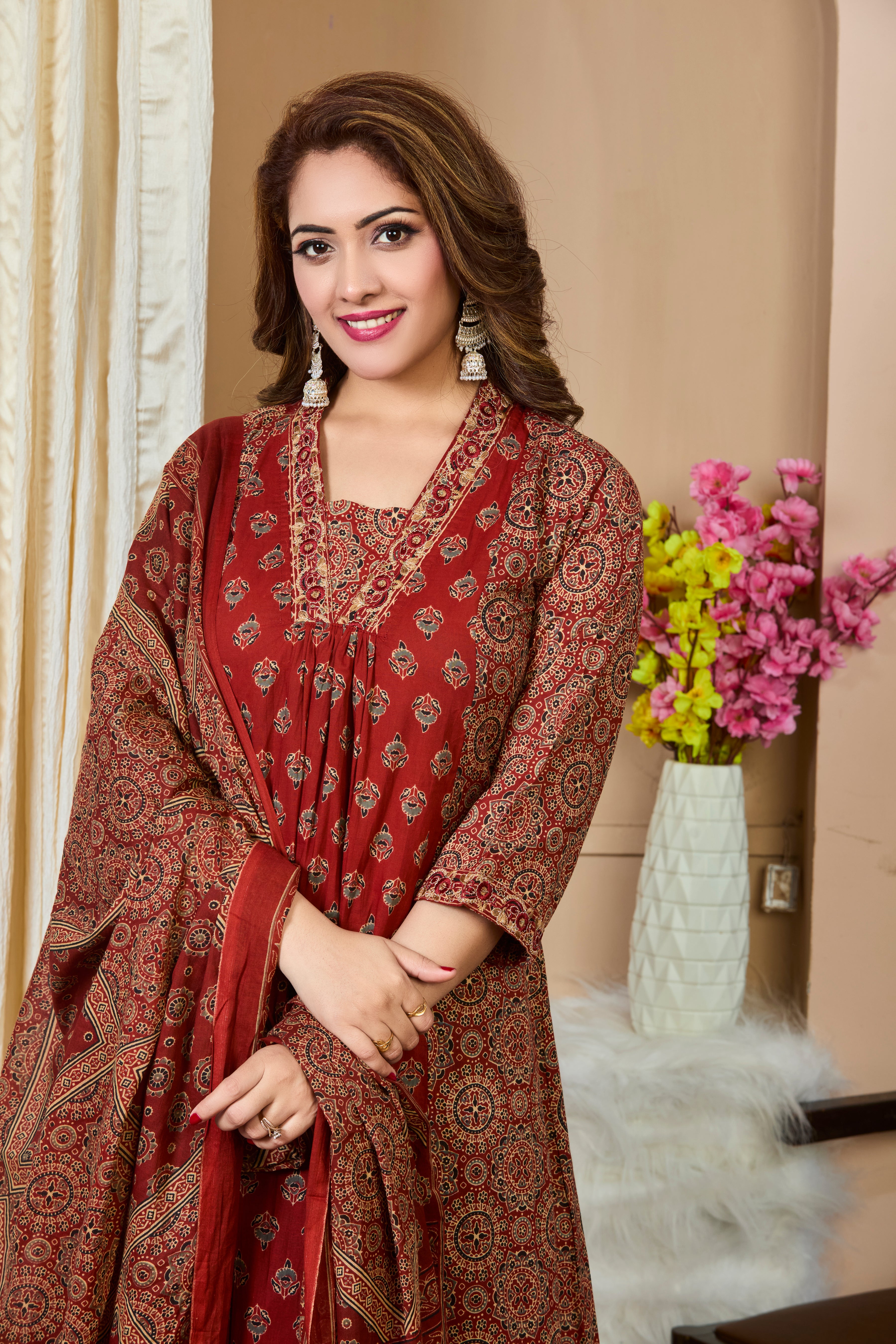 Rich Rust Red Hand Block Floral Print A-Line Kurta with Beige and Ebony Accents and Cotton Dupatta