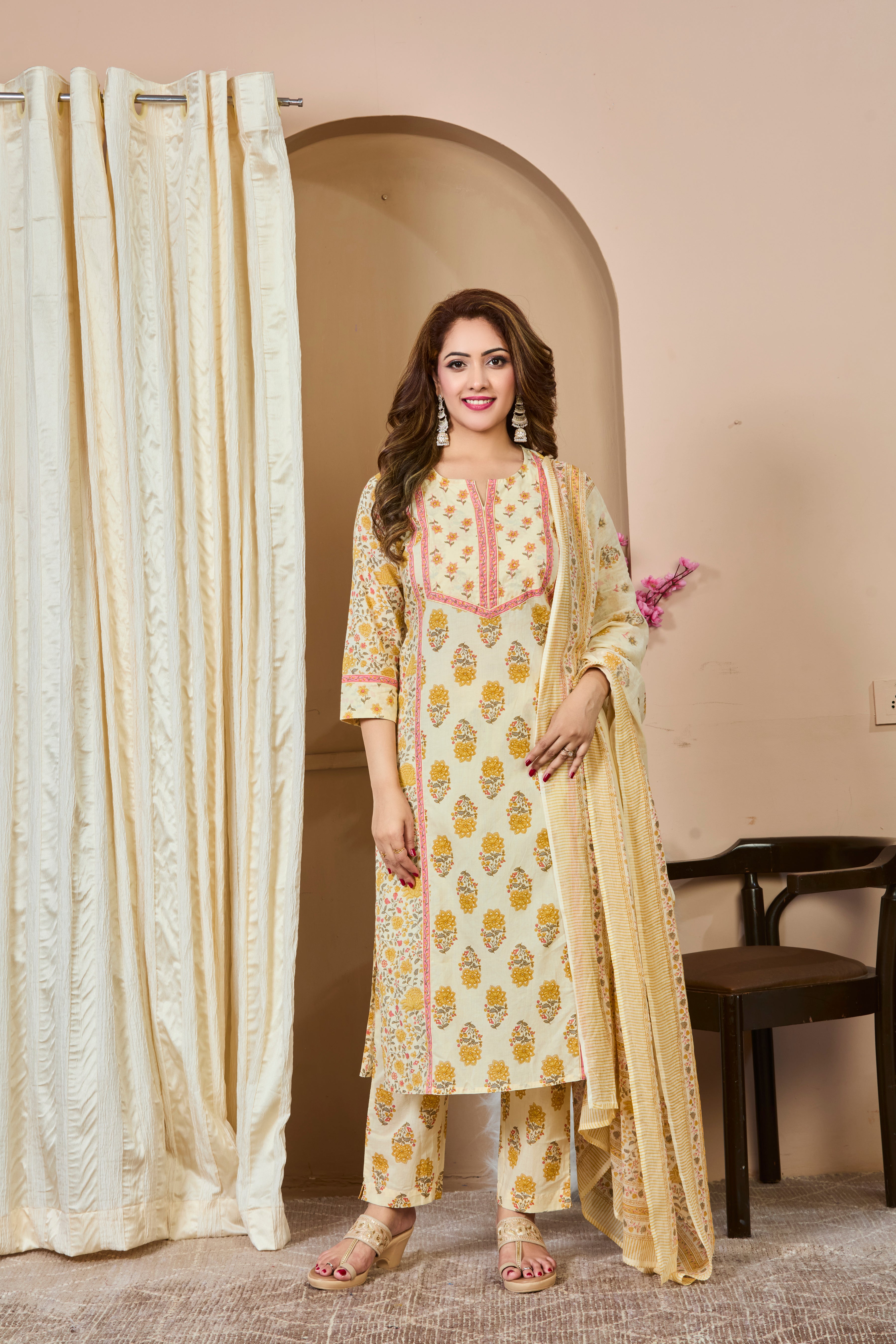 Ivory Canvas with Mustard Glow and Rustic Red Accents Straight Suit Set with Cotton Dupatta
