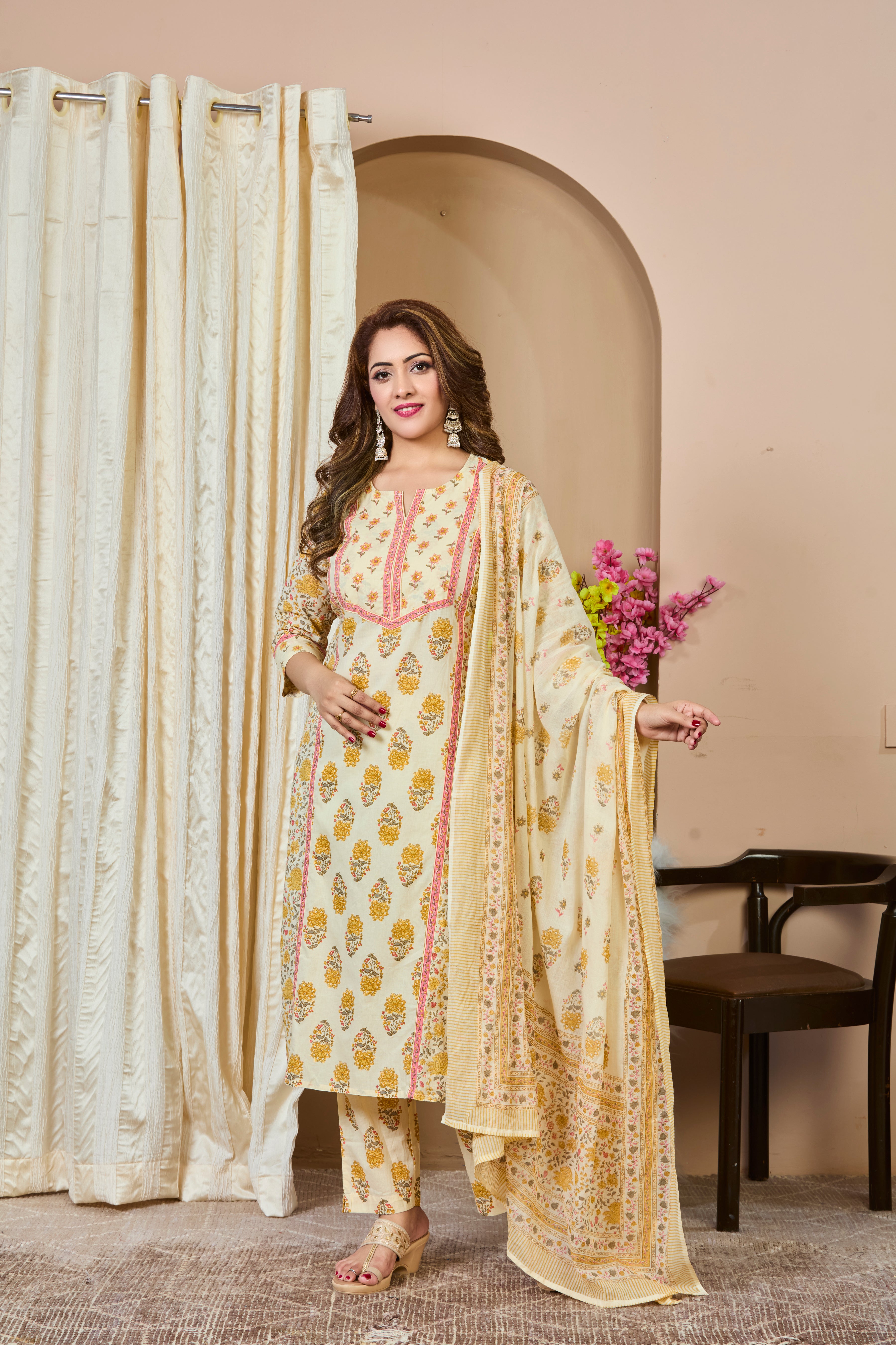 Ivory Canvas with Mustard Glow and Rustic Red Accents Straight Suit Set with Cotton Dupatta