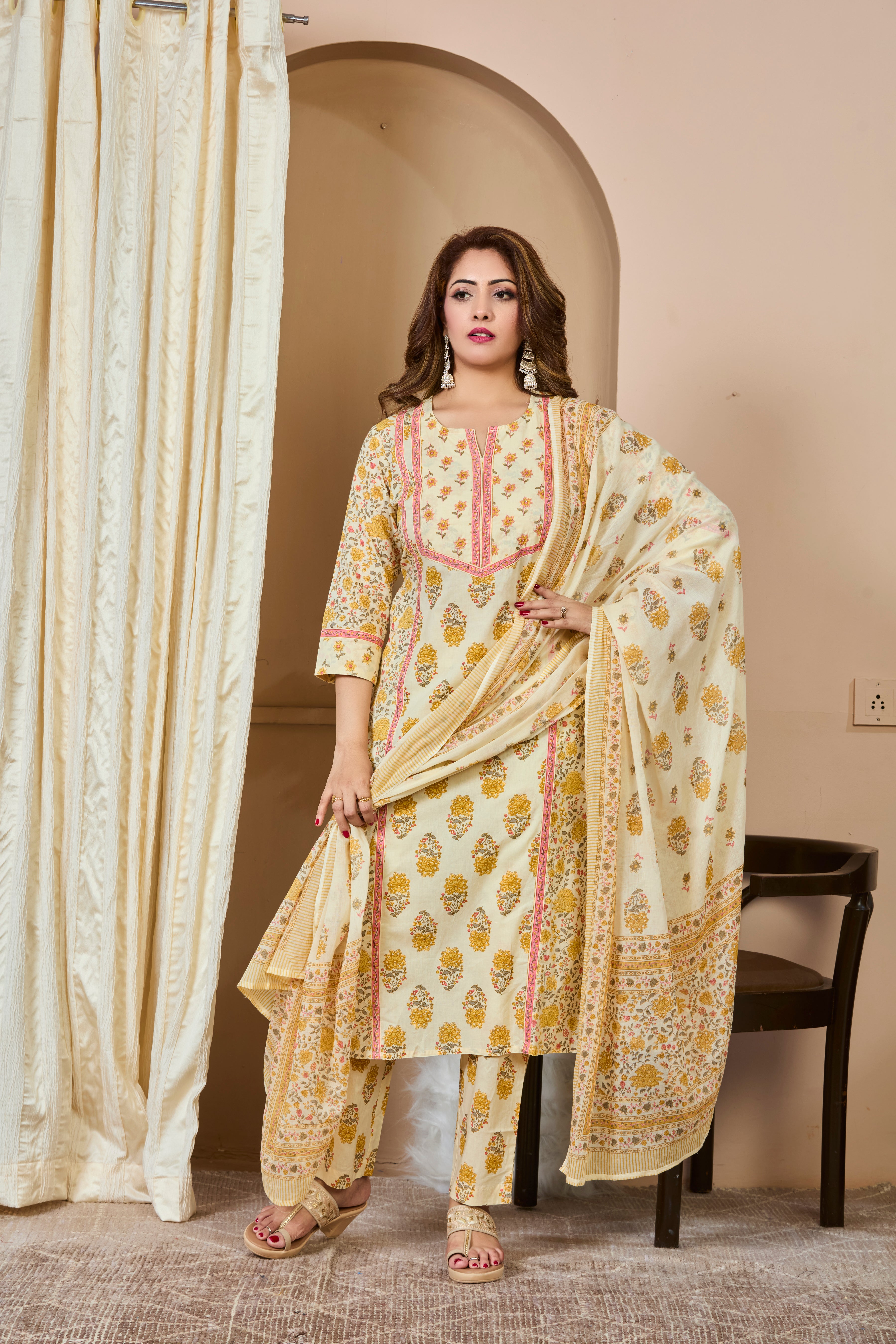 Ivory Canvas with Mustard Glow and Rustic Red Accents Straight Suit Set with Cotton Dupatta