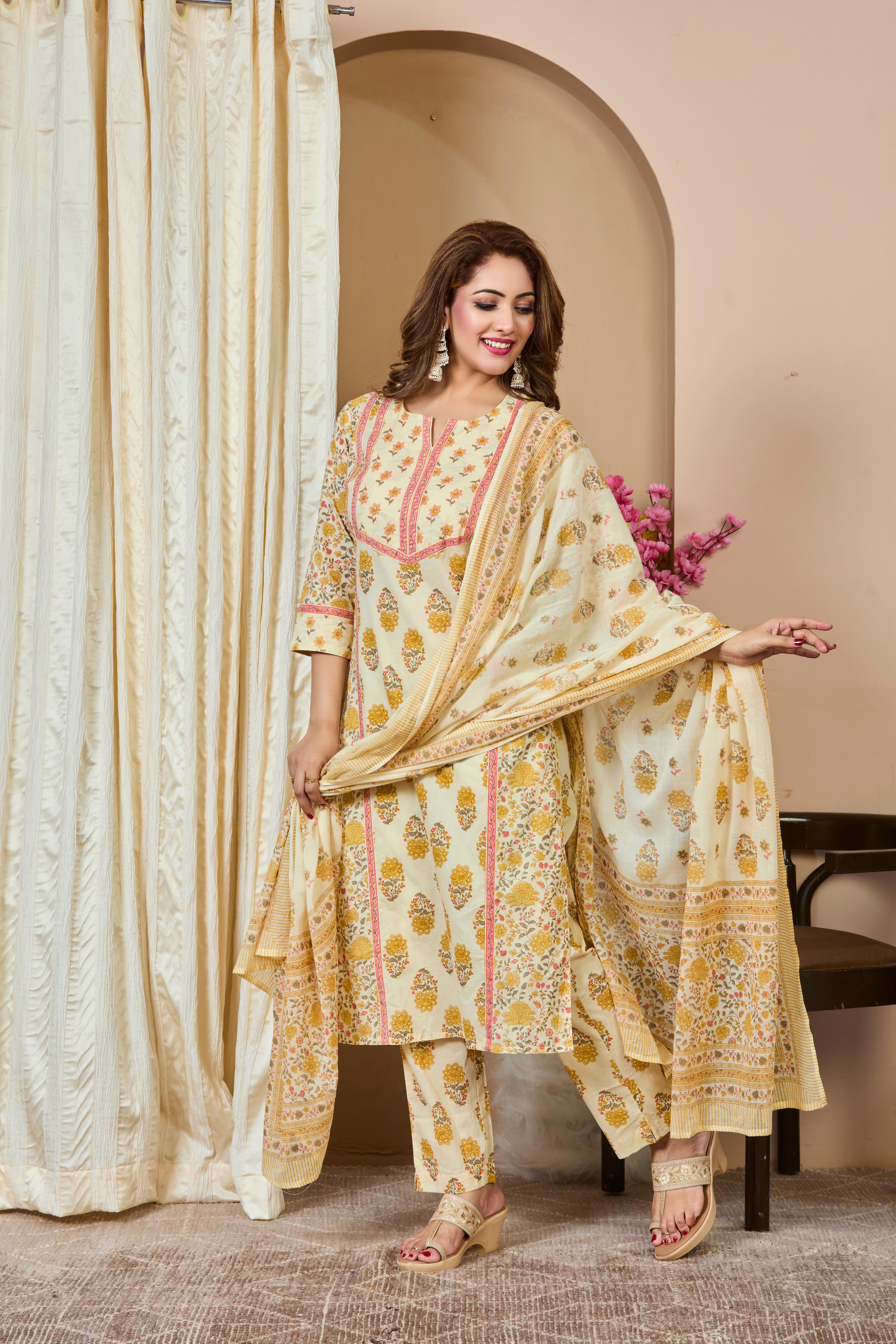 Ivory Canvas with Mustard Glow and Rustic Red Accents Straight Suit Set with Cotton Dupatta