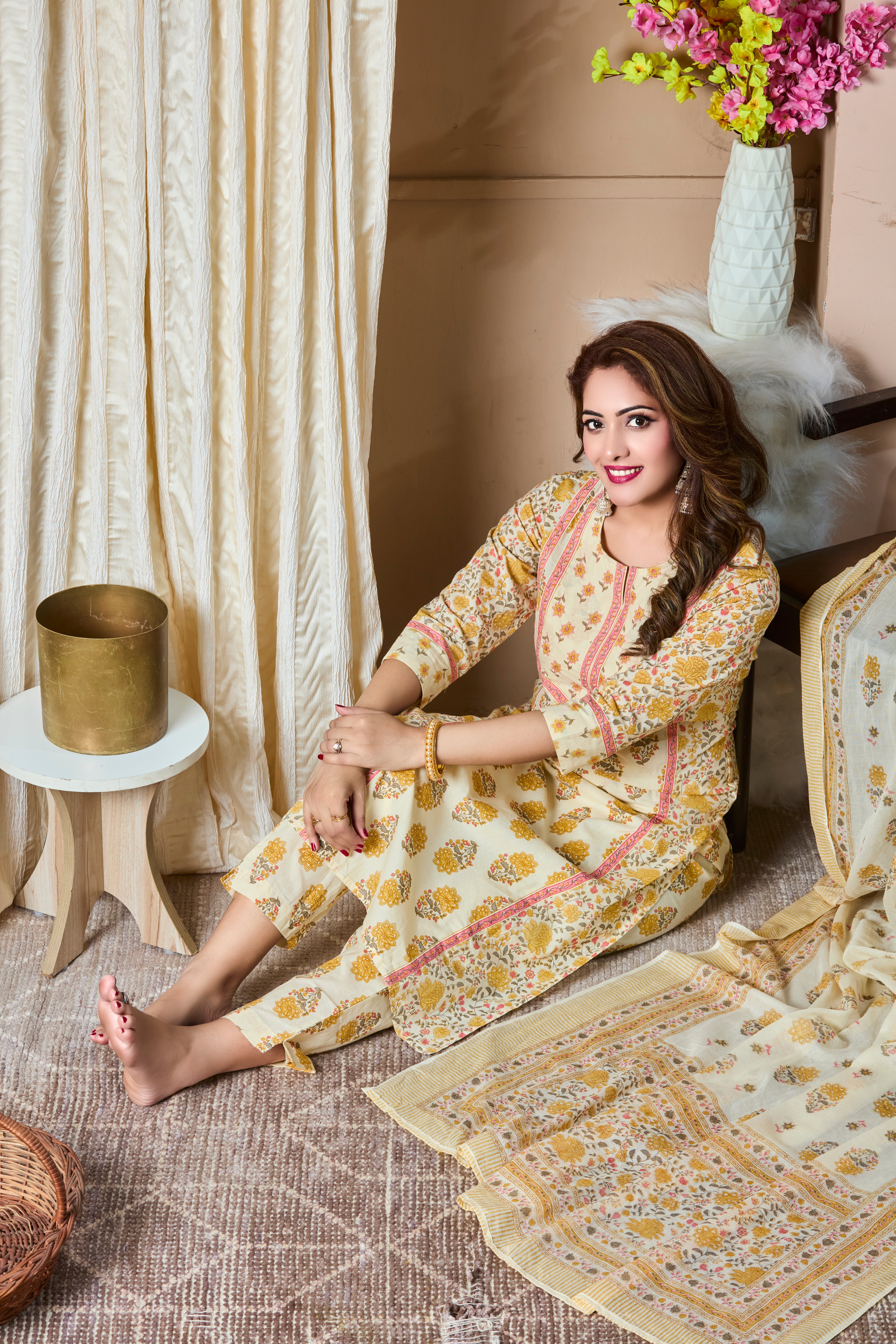Ivory Canvas with Mustard Glow and Rustic Red Accents Straight Suit Set with Cotton Dupatta