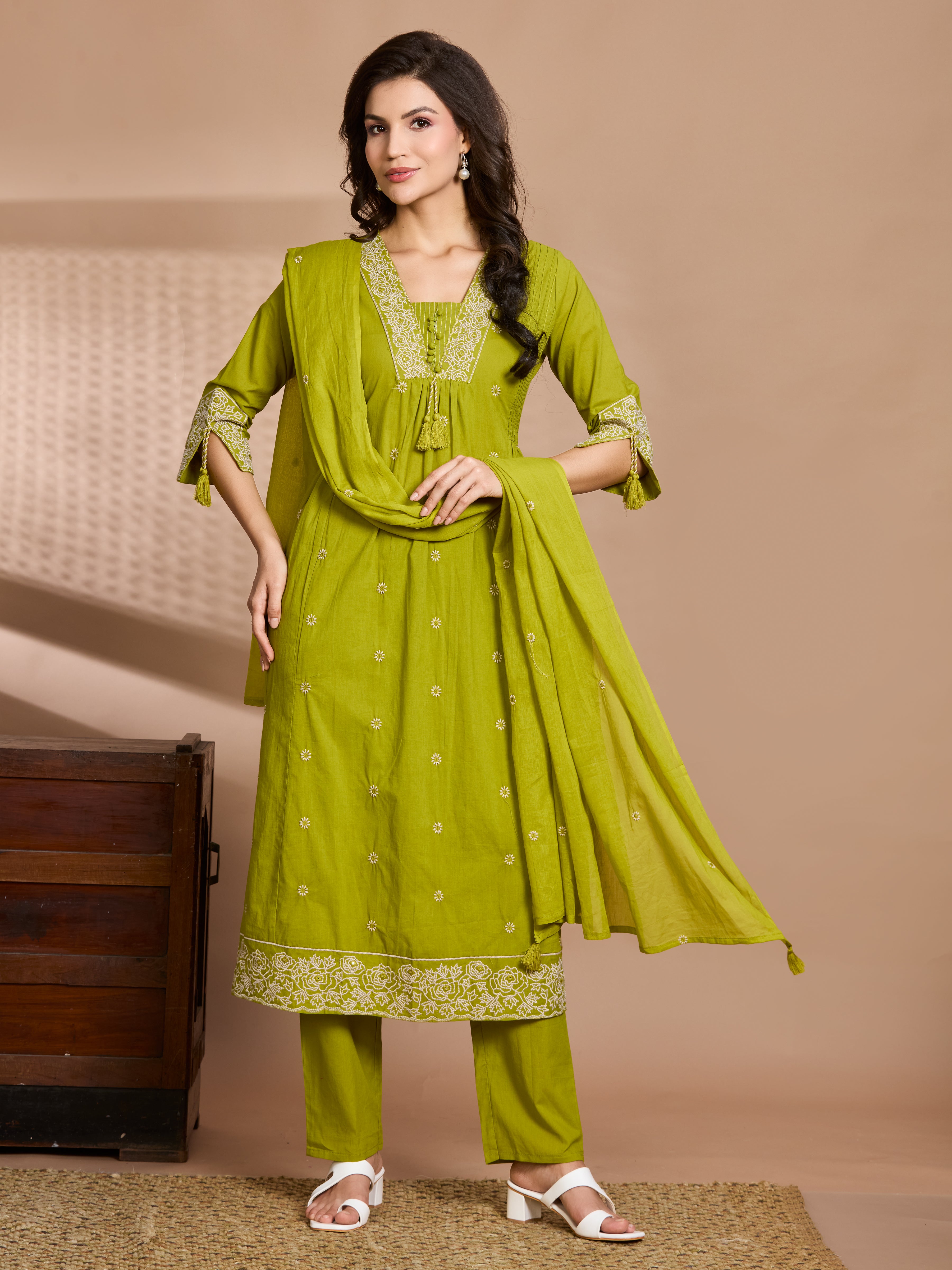 Mehendi Green A-Line Suit Set with Ivory Embroidered Details with Cotton Dupatta