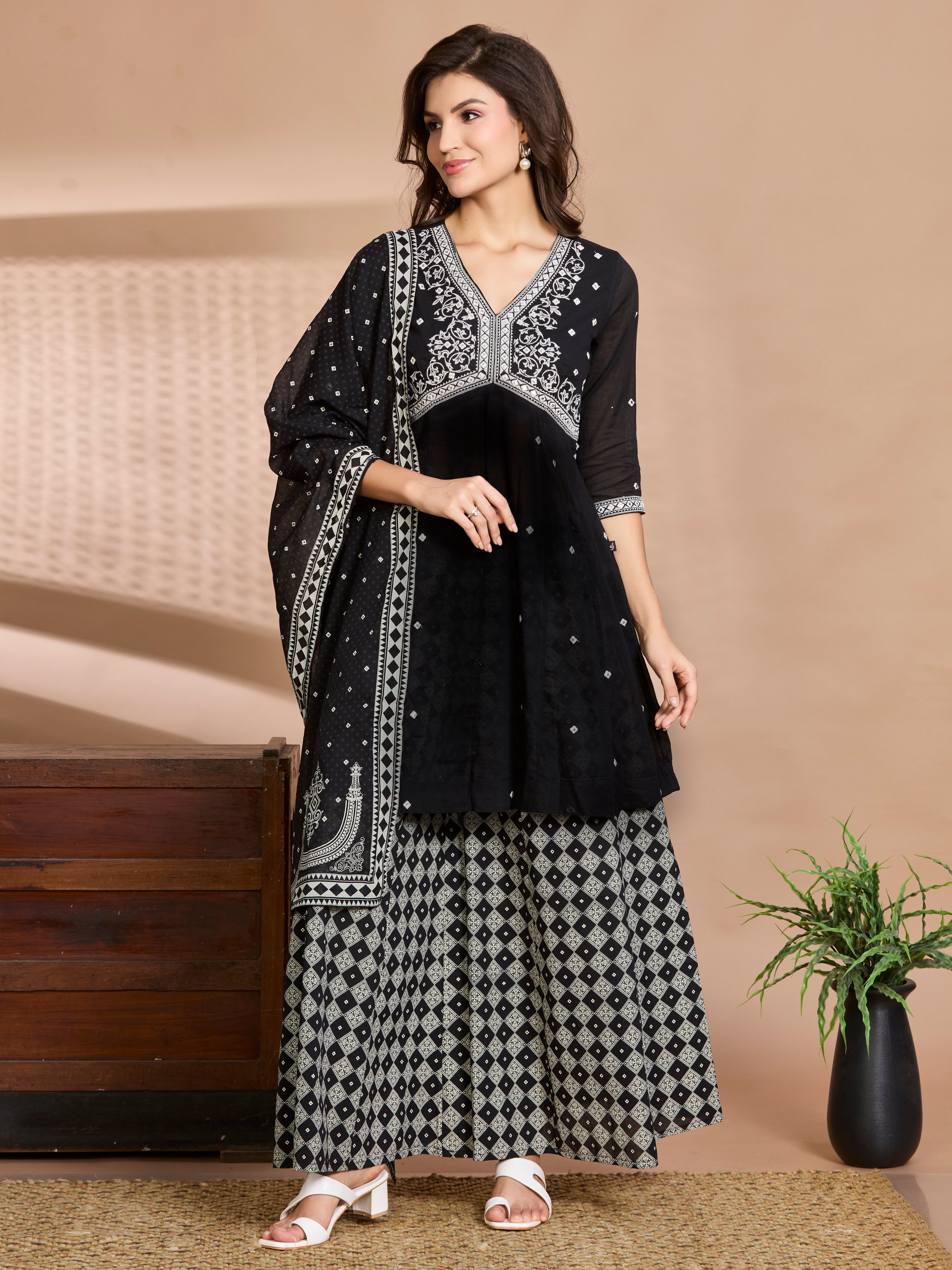 Sunny Bloom A-Line Suit Set with Yellow Floral Block Prints in Pure Cotton with Dupatta