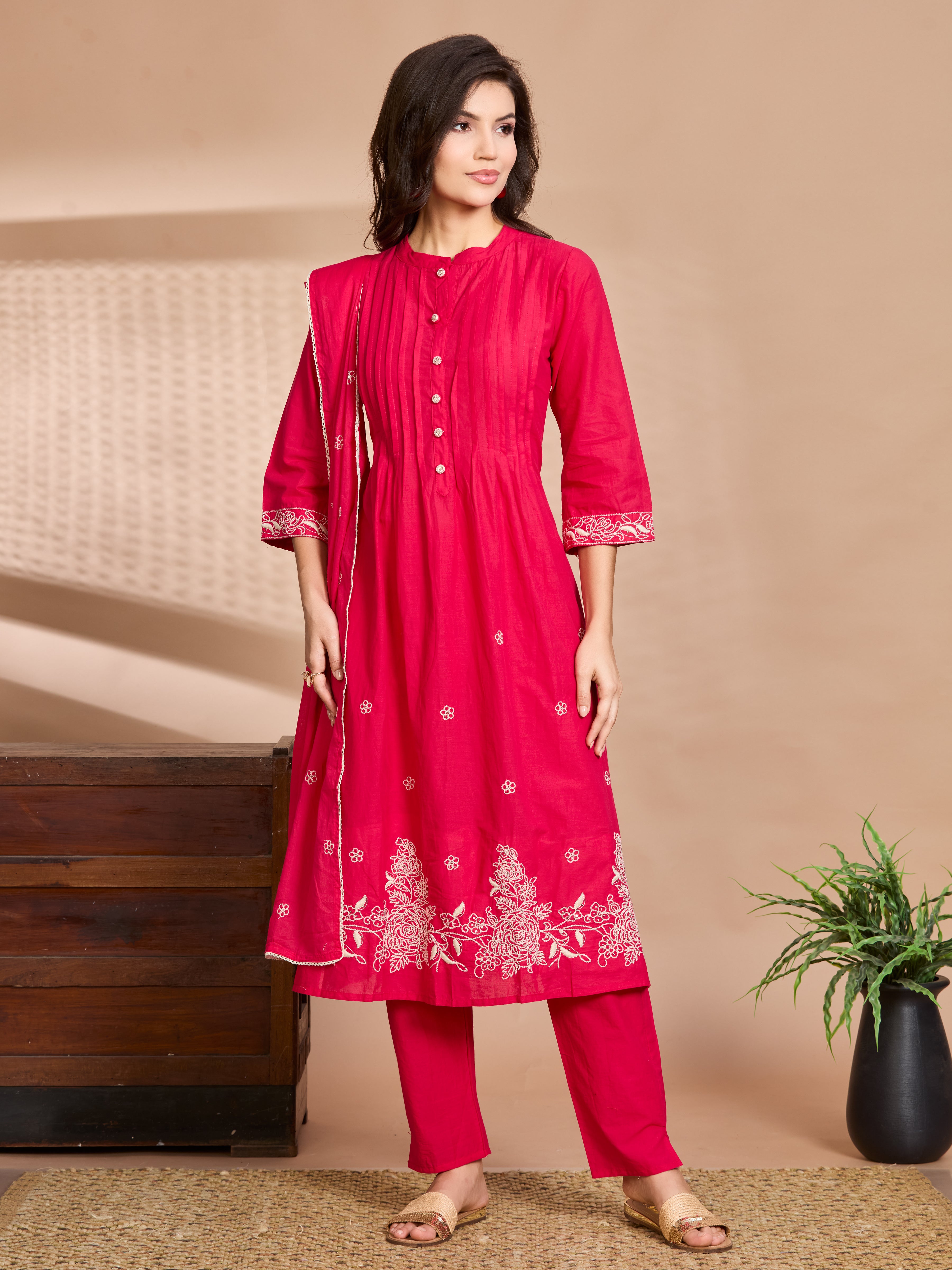 Fuchsia Elegance A-Line Suit Set with Ivory Embroidered Details & Cotton Dupatta