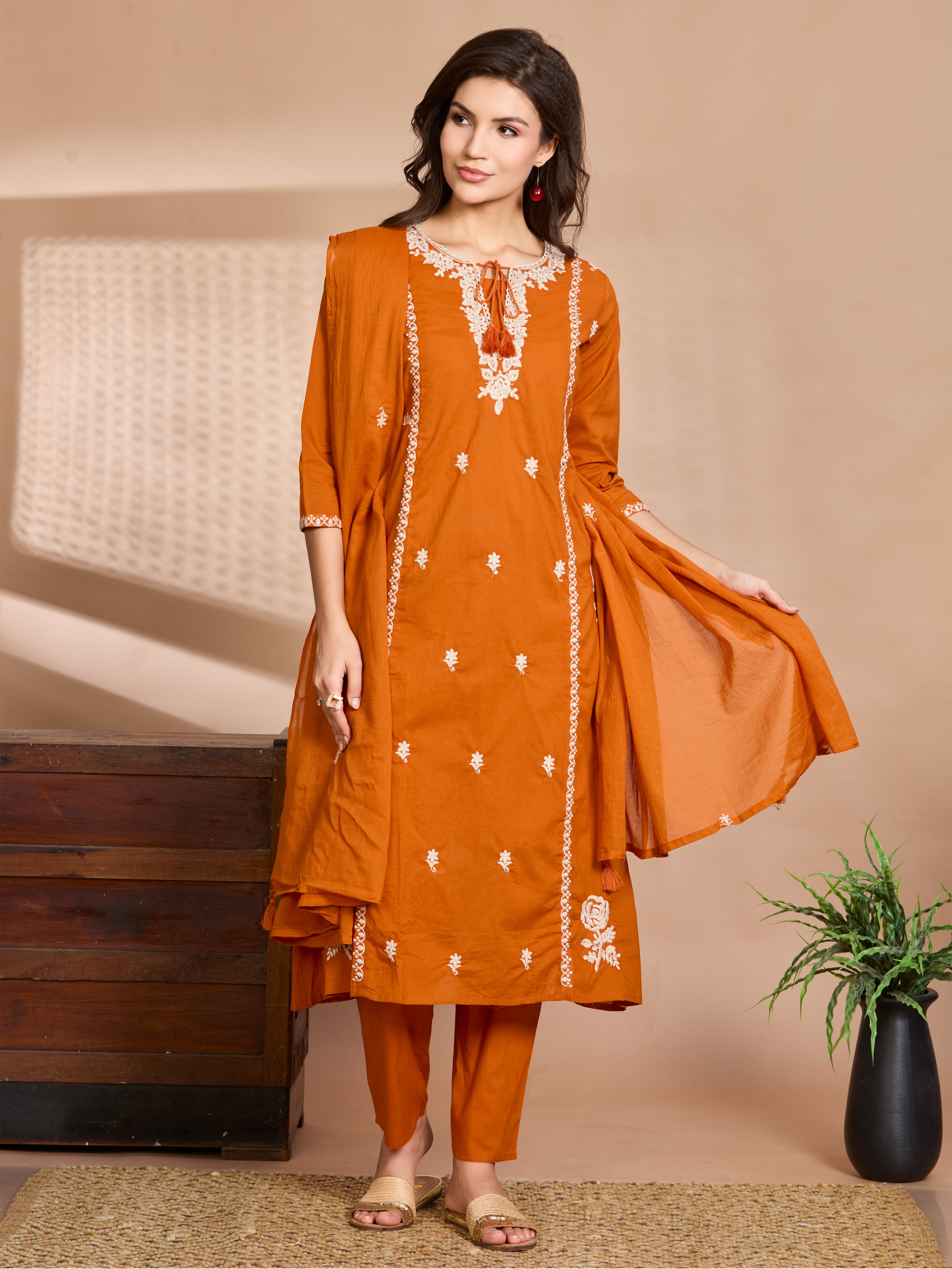 Tangerine Glow A-Line Suit Set with Ivory Embroidered Details with Cotton Dupatta