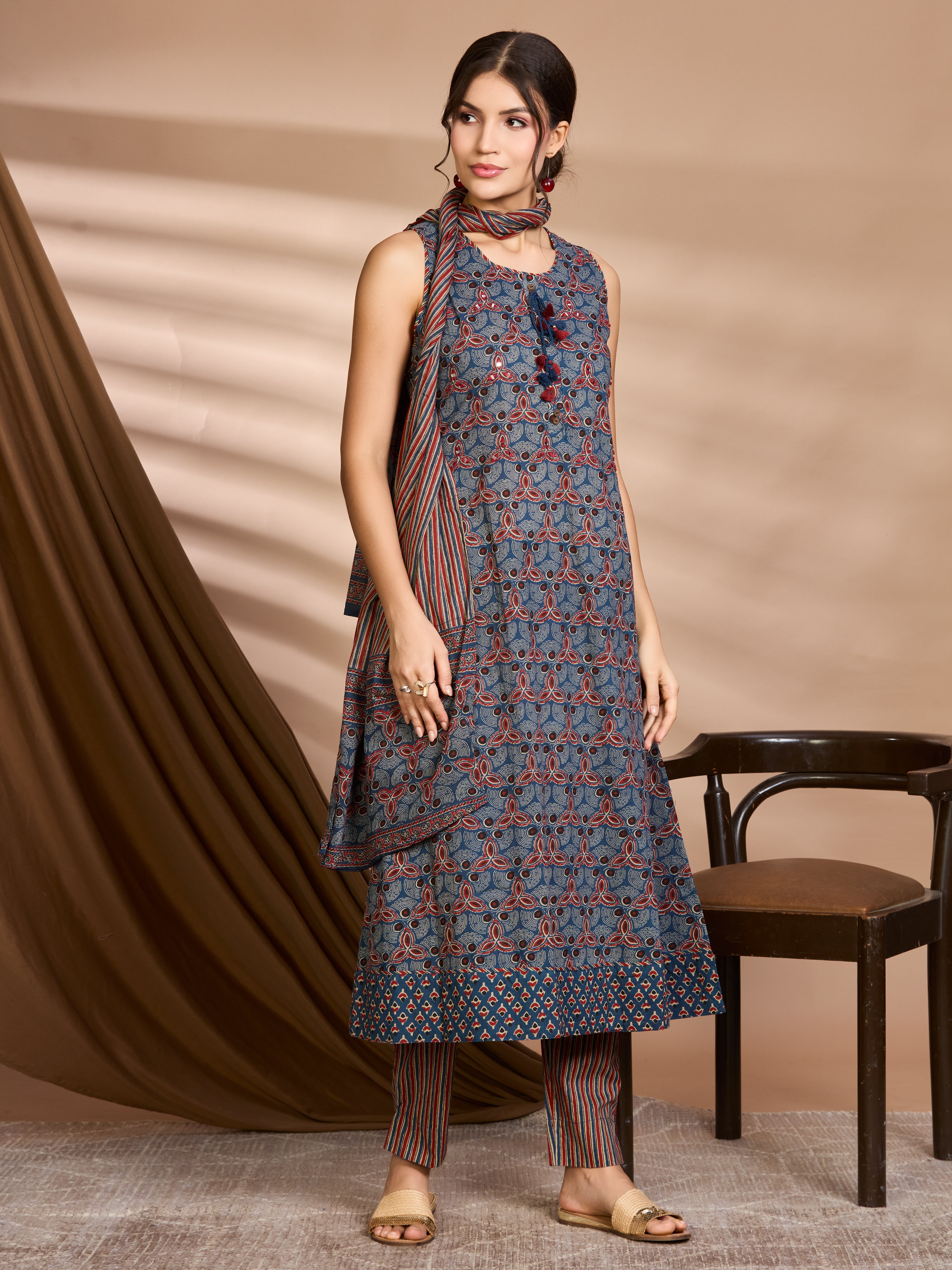 Midnight Indigo & Rust Hand Block Floral Print A-Line Kurta with Cotton Dupatta