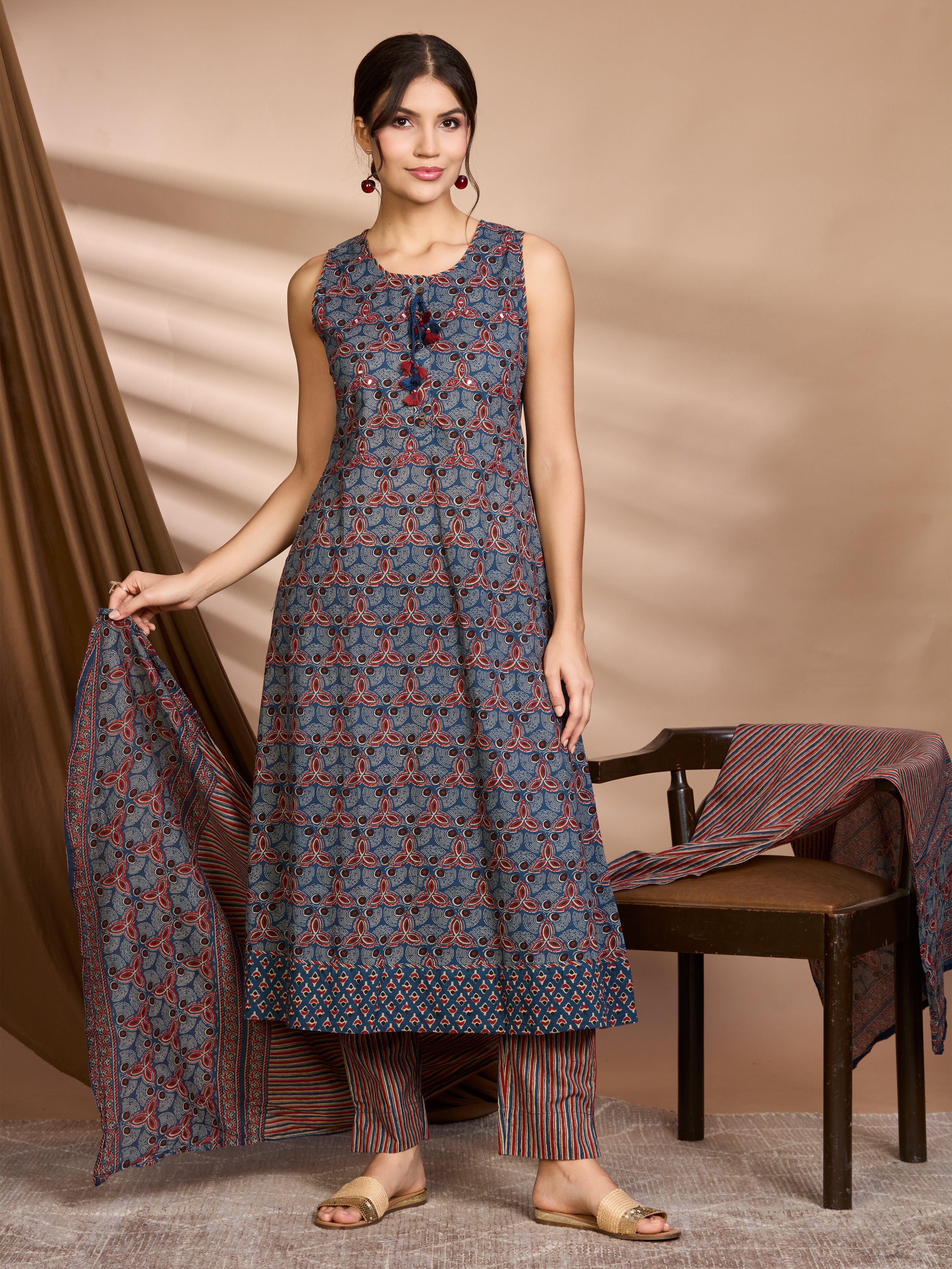 Midnight Indigo & Rust Hand Block Floral Print A-Line Kurta with Cotton Dupatta