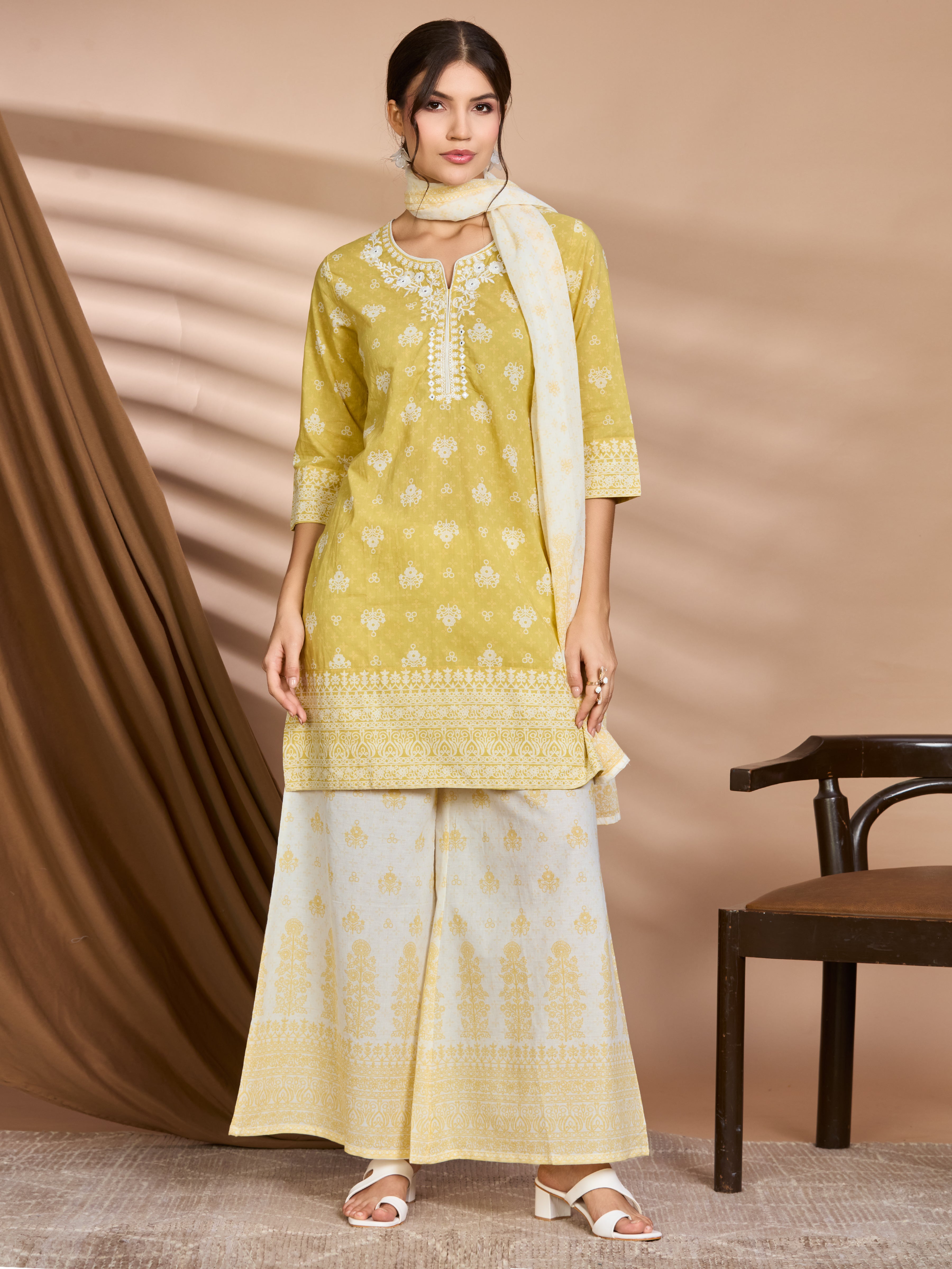 Butter Glow Straight Suit Set with White Embroidery & Floral Block Prints with Cotton Dupatta