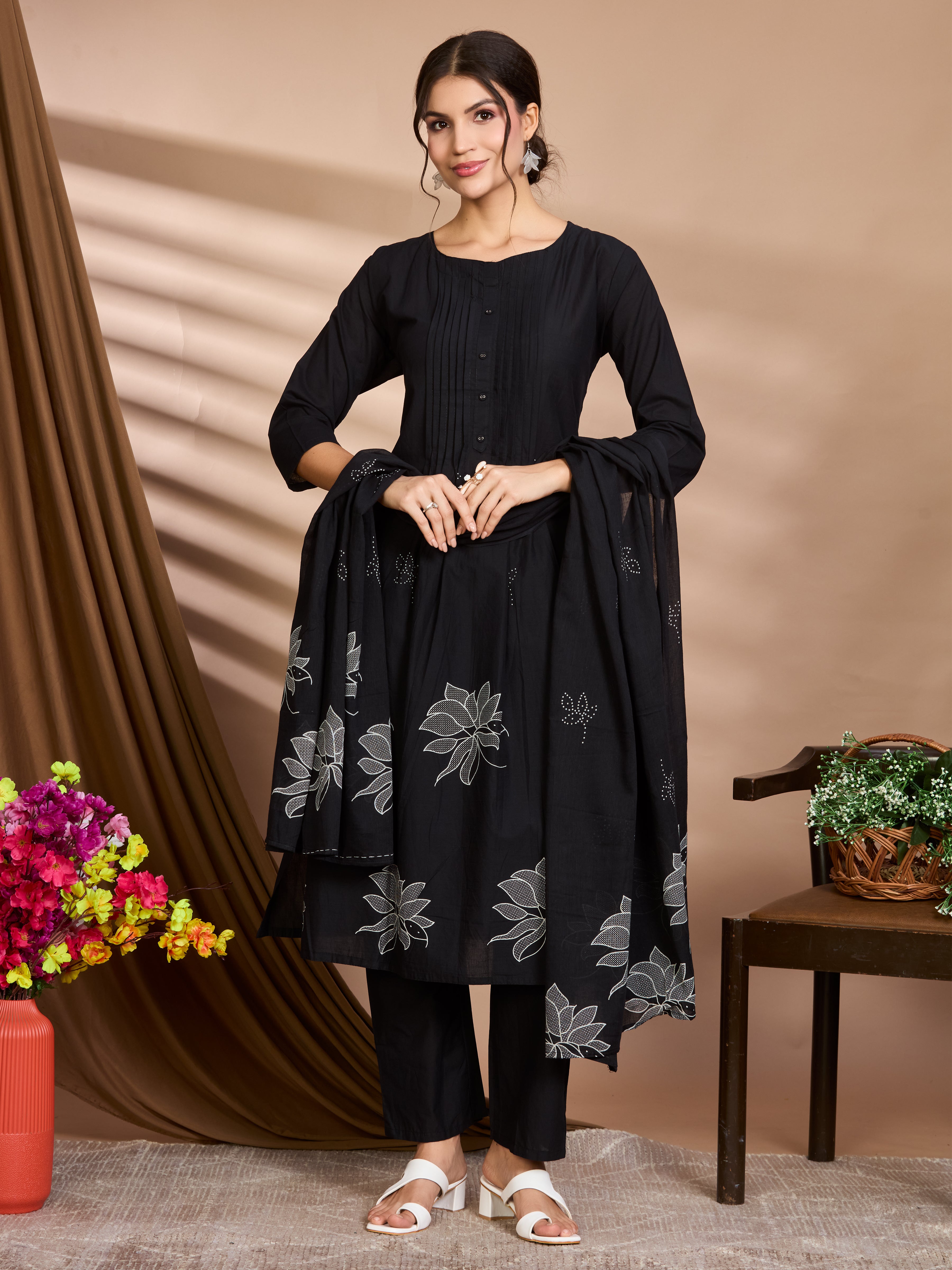 Black and White Hand Block Floral Print A-Line Kurta with Soft Cotton Dupatta
