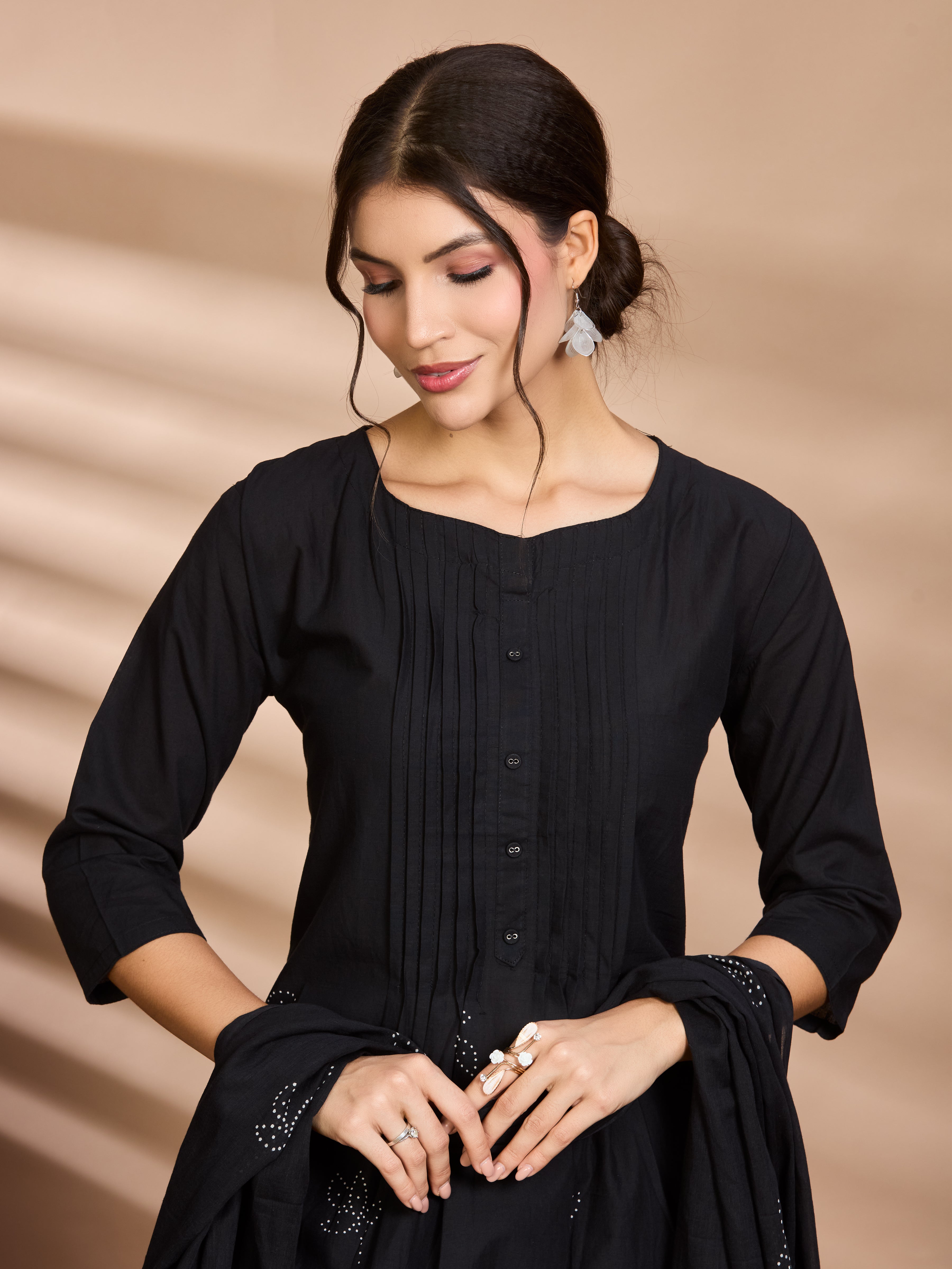 Black and White Hand Block Floral Print A-Line Kurta with Soft Cotton Dupatta