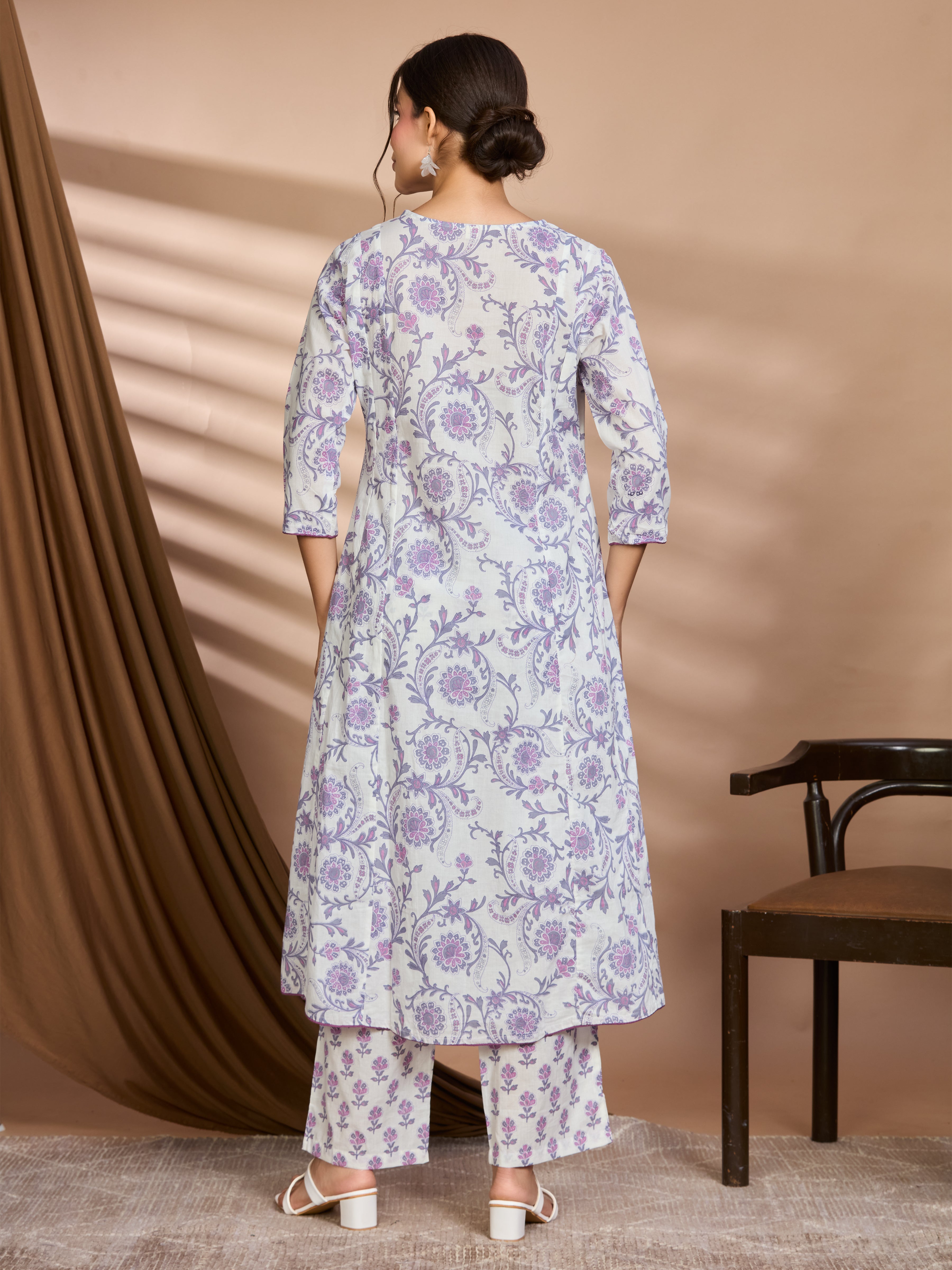 Lilac Bloom A-Line Suit Set with Ivory Base & Lilac Floral Block Prints with Cotton Dupatta