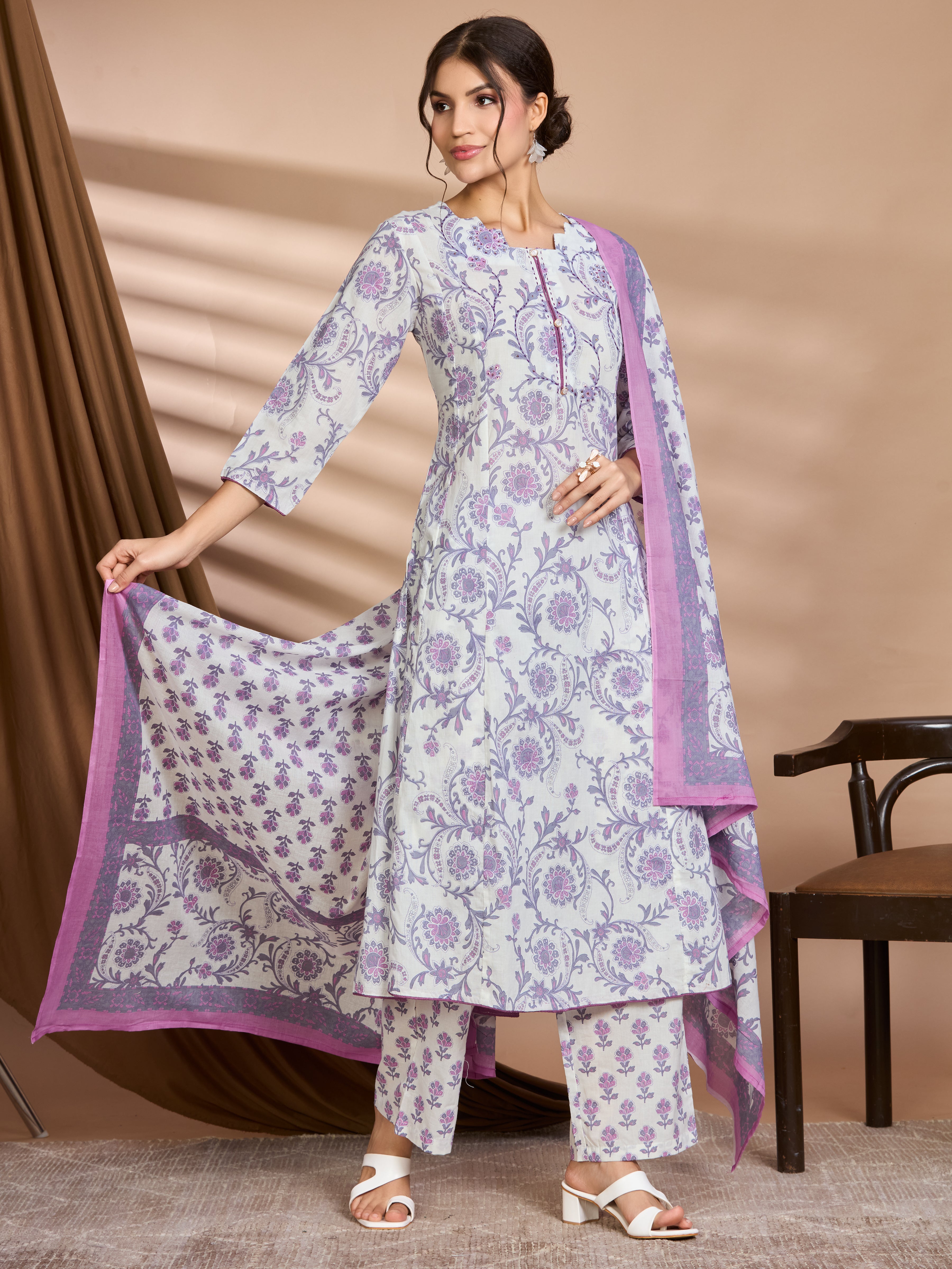 Lilac Bloom A-Line Suit Set with Ivory Base & Lilac Floral Block Prints with Cotton Dupatta