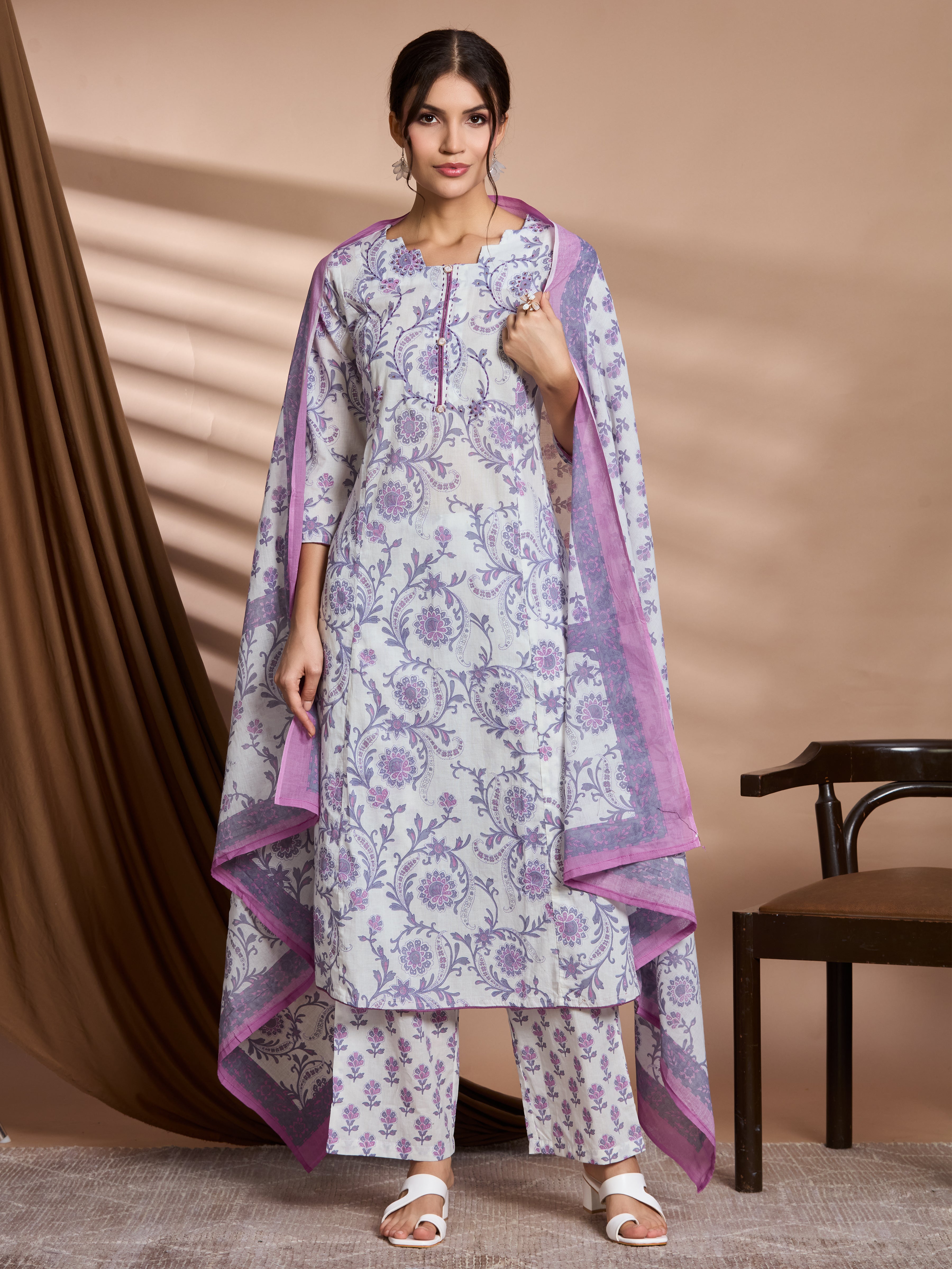Lilac Bloom A-Line Suit Set with Ivory Base & Lilac Floral Block Prints with Cotton Dupatta