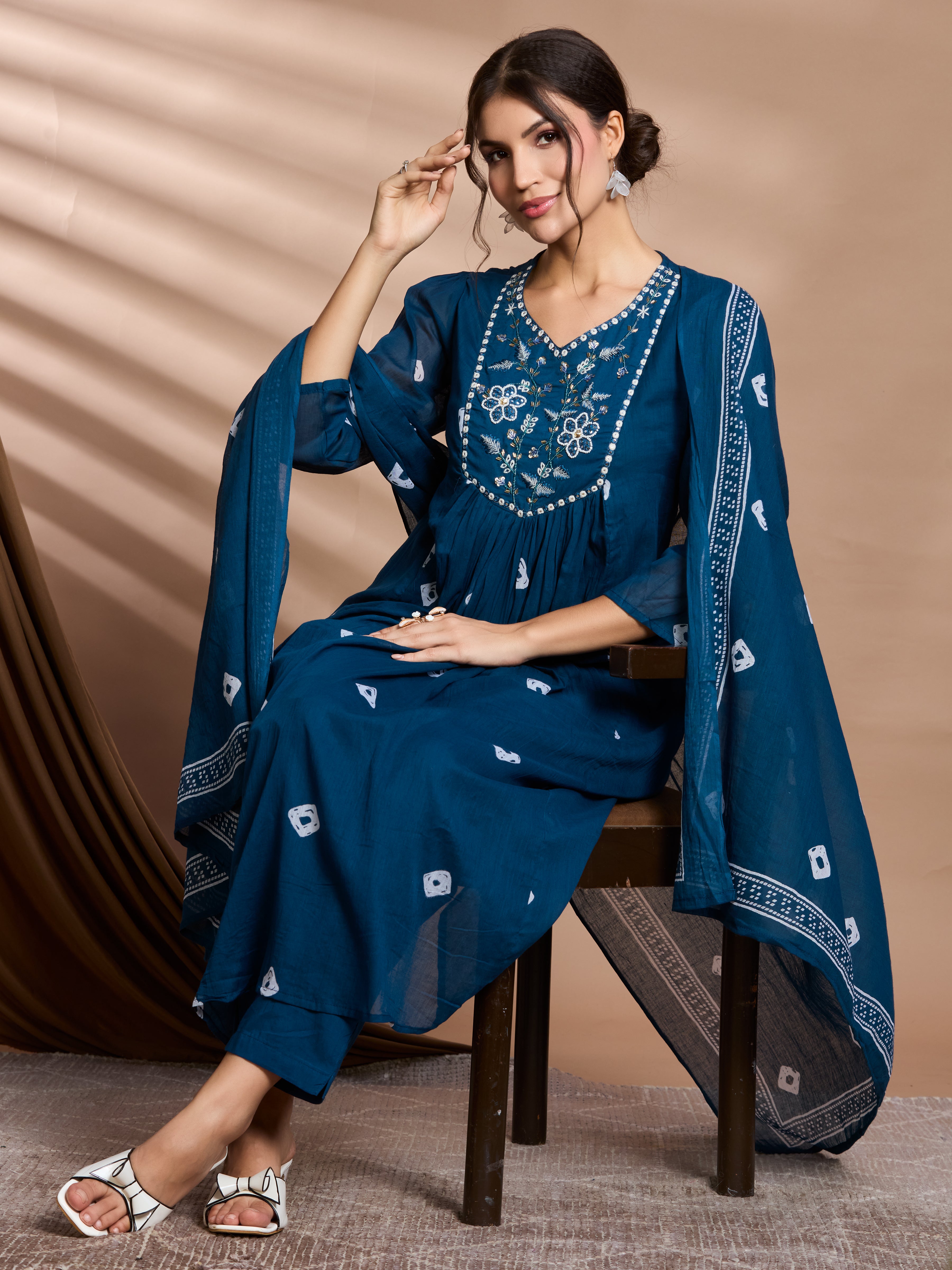 Navy Charm A-Line Suit Set with Ivory Block Prints with Cotton Dupatta