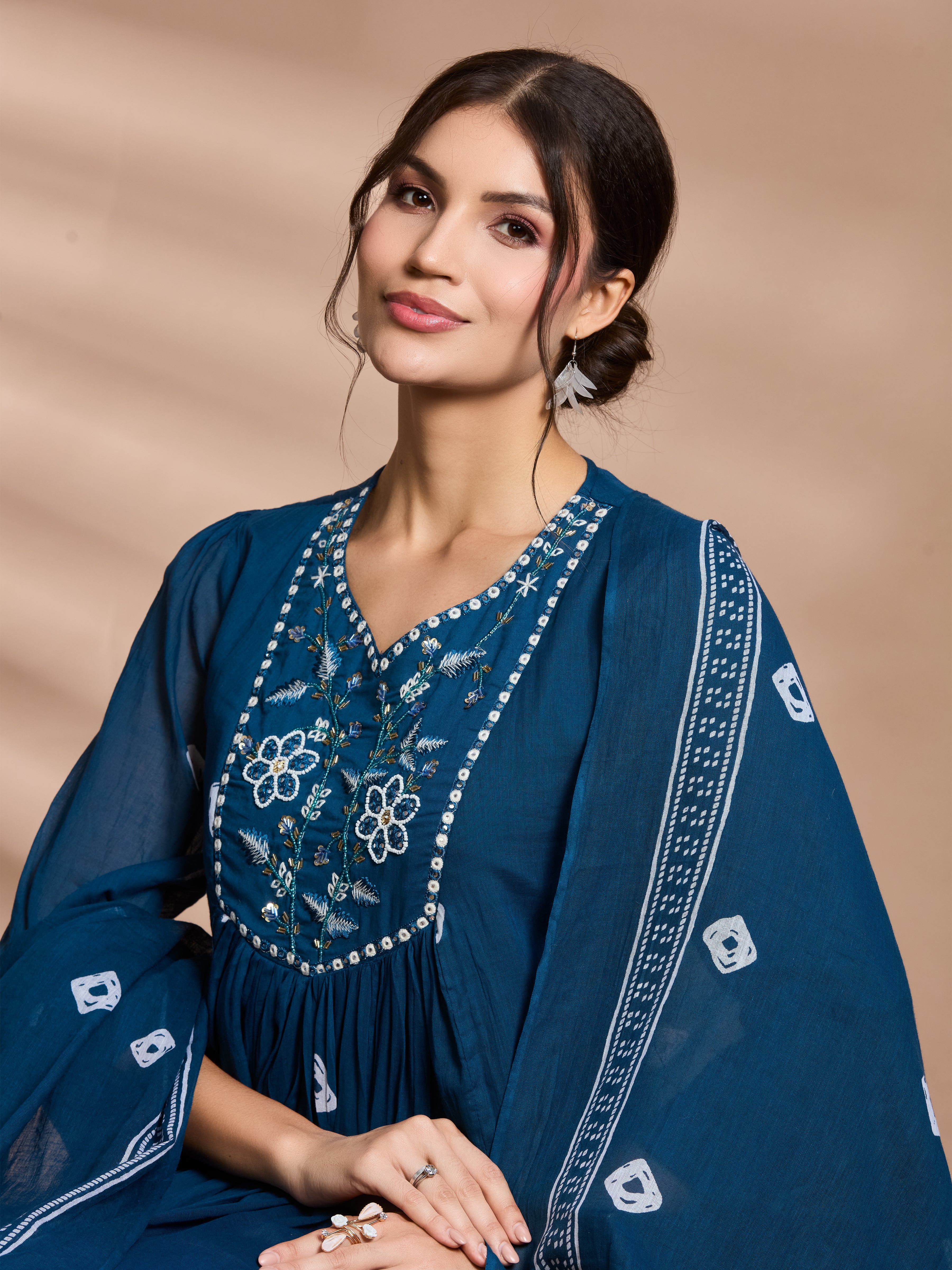 Navy Charm A-Line Suit Set with Ivory Block Prints with Cotton Dupatta