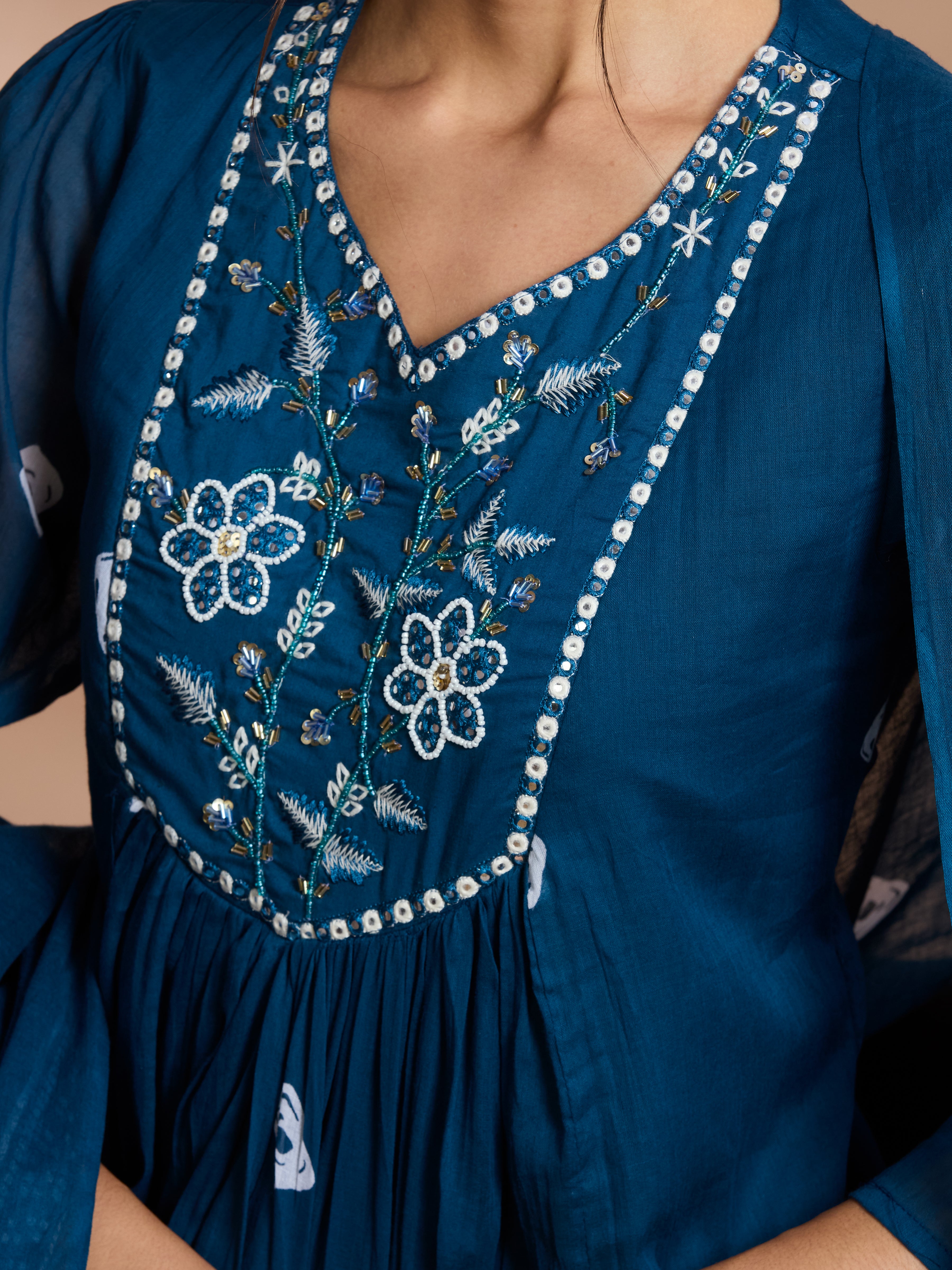 Navy Charm A-Line Suit Set with Ivory Block Prints with Cotton Dupatta