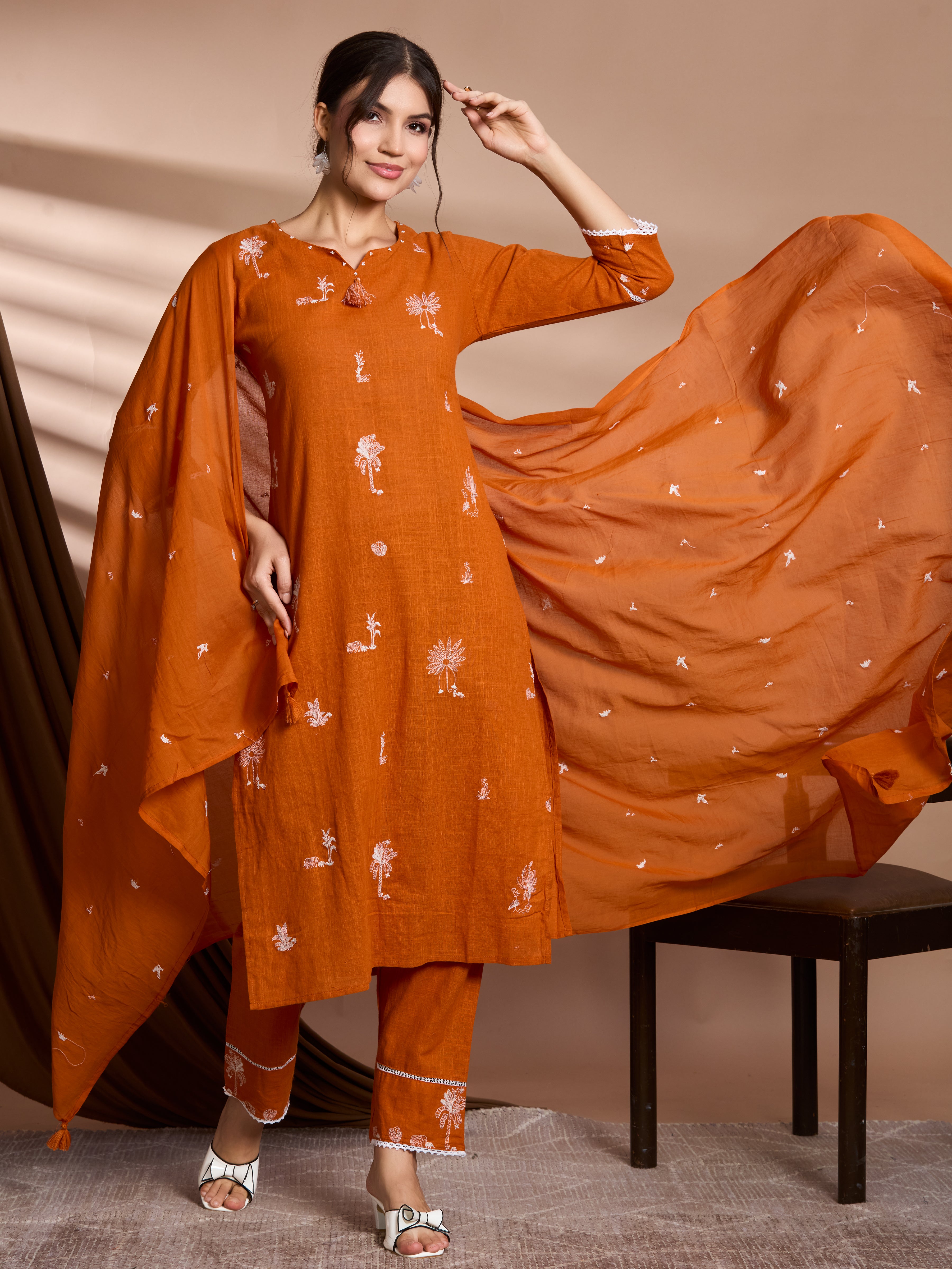 Sunset Glow Straight Suit Set with White Embroidery Accents in Pure Slub Cotton (Linen-like Finish) with Dupatta