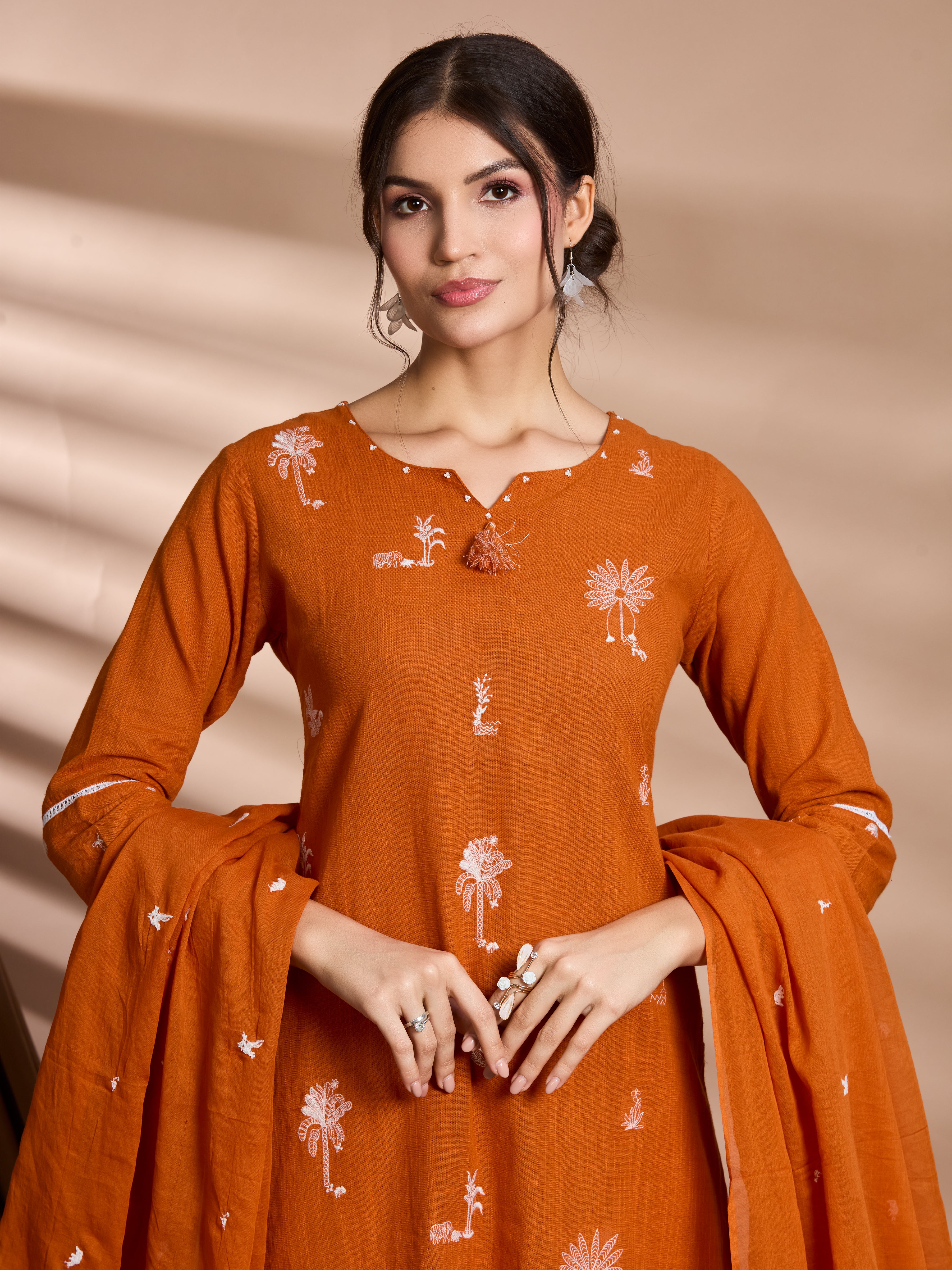 Sunset Glow Straight Suit Set with White Embroidery Accents in Pure Slub Cotton (Linen-like Finish) with Dupatta