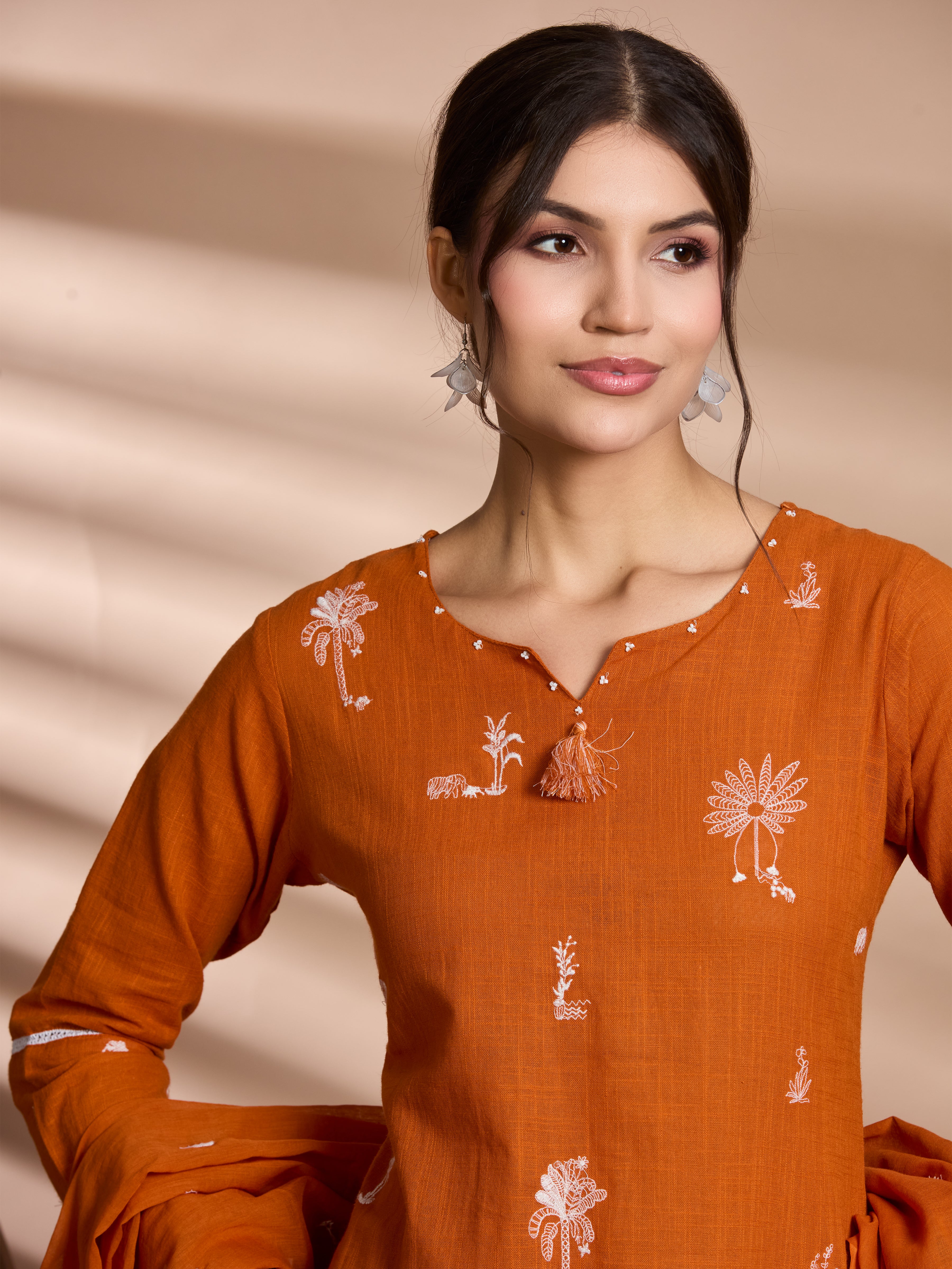 Sunset Glow Straight Suit Set with White Embroidery Accents in Pure Slub Cotton (Linen-like Finish) with Dupatta