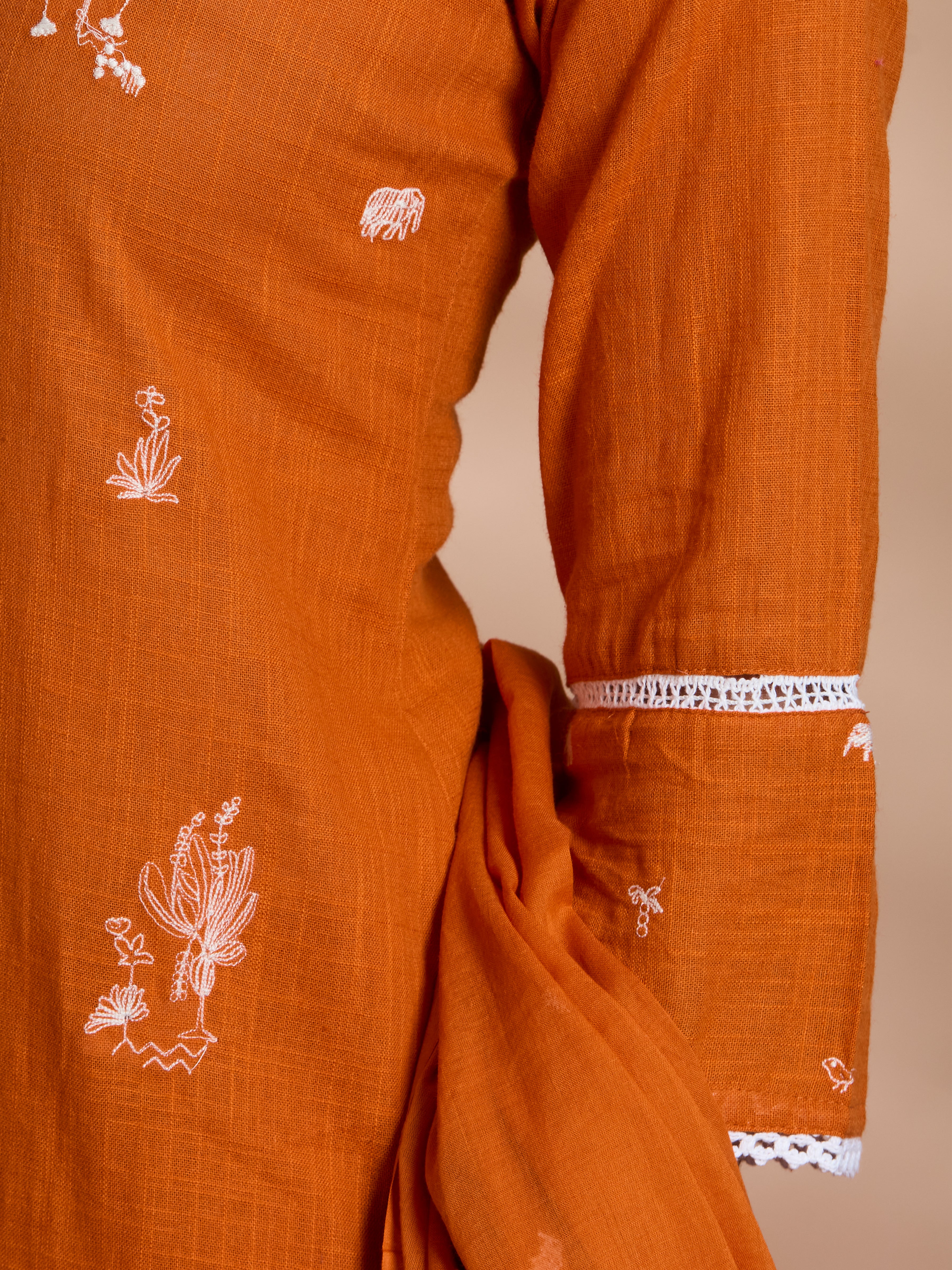 Sunset Glow Straight Suit Set with White Embroidery Accents in Pure Slub Cotton (Linen-like Finish) with Dupatta