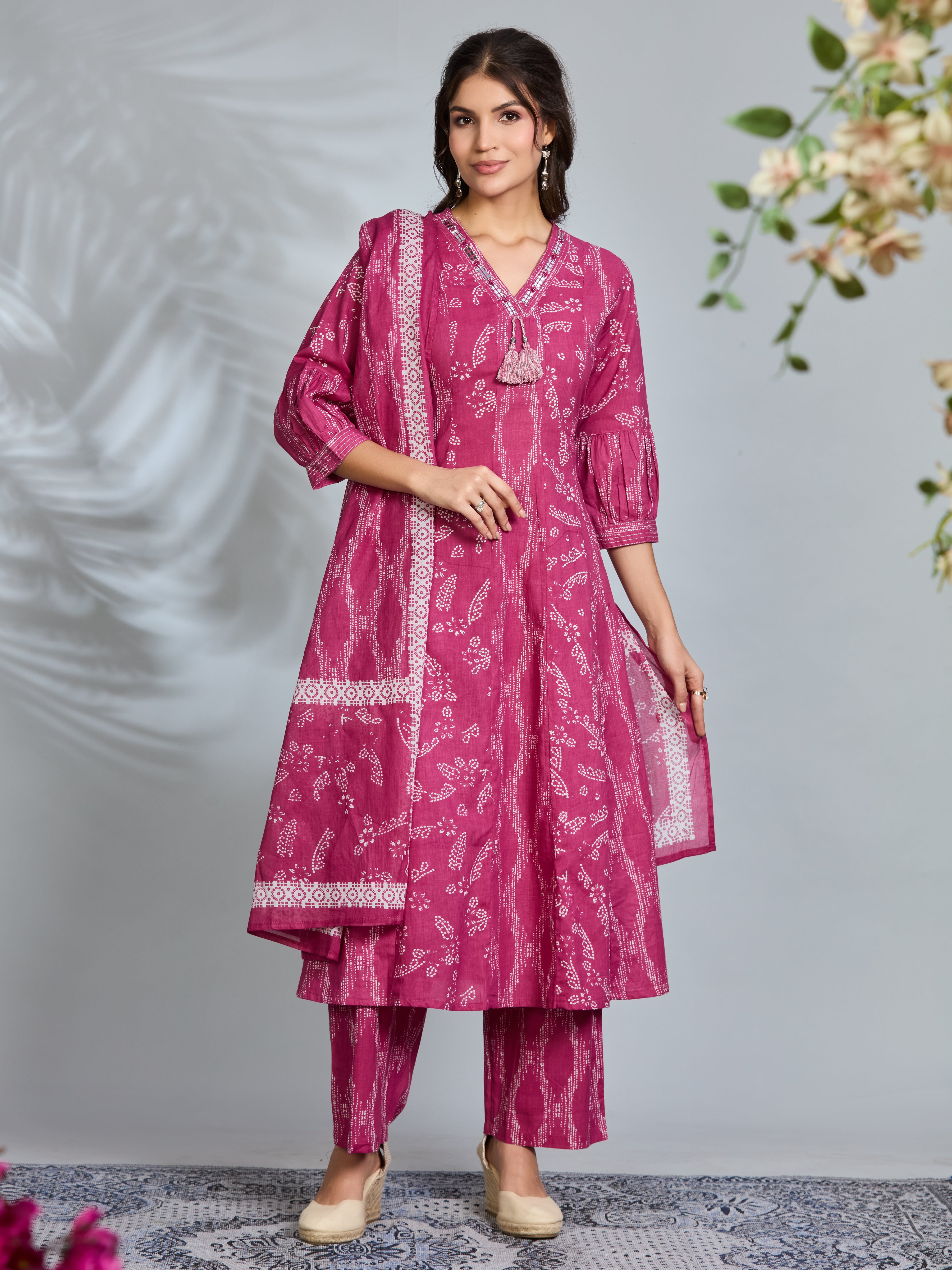 Rouge Pink Elegance A-Line Suit Set with Ivory Accents & Cotton Dupatta
