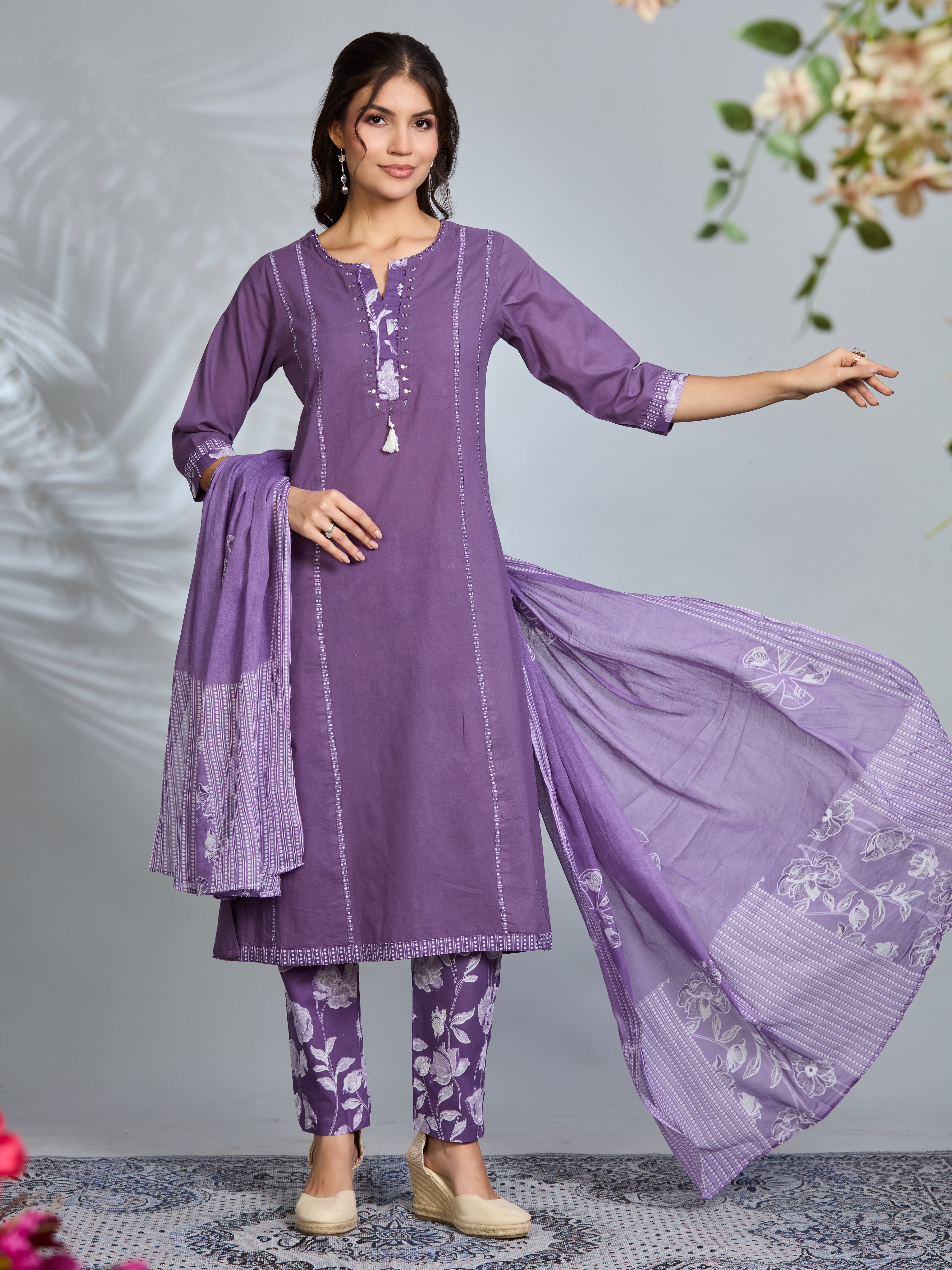 Lilac Garden A-Line Suit Set with Floral Block Prints and Cotton Dupatta