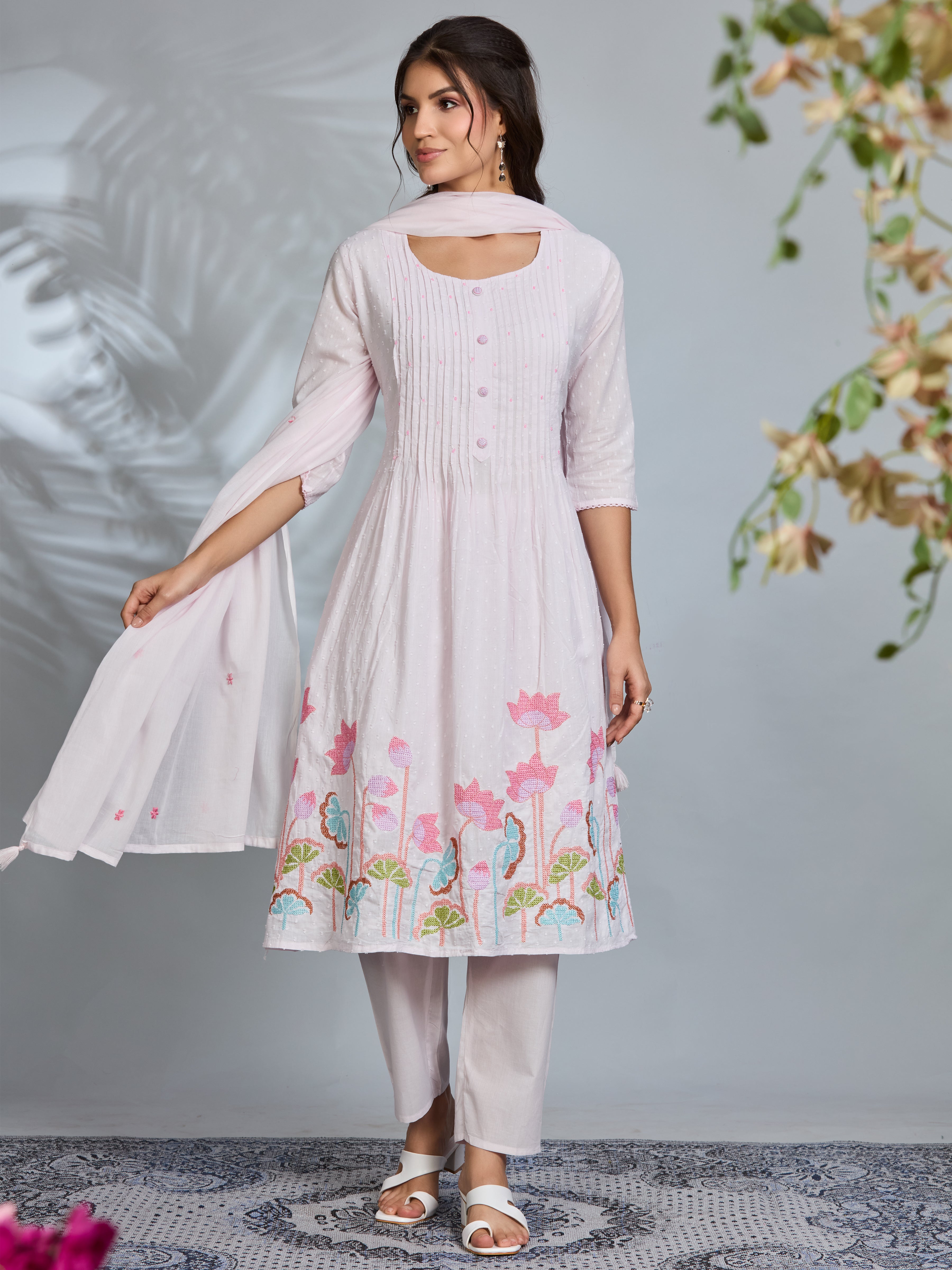 Pastel Pink Elegance A-Line Suit Set with Multicolour Waterlily Embroidered Details & Cotton Dupatta