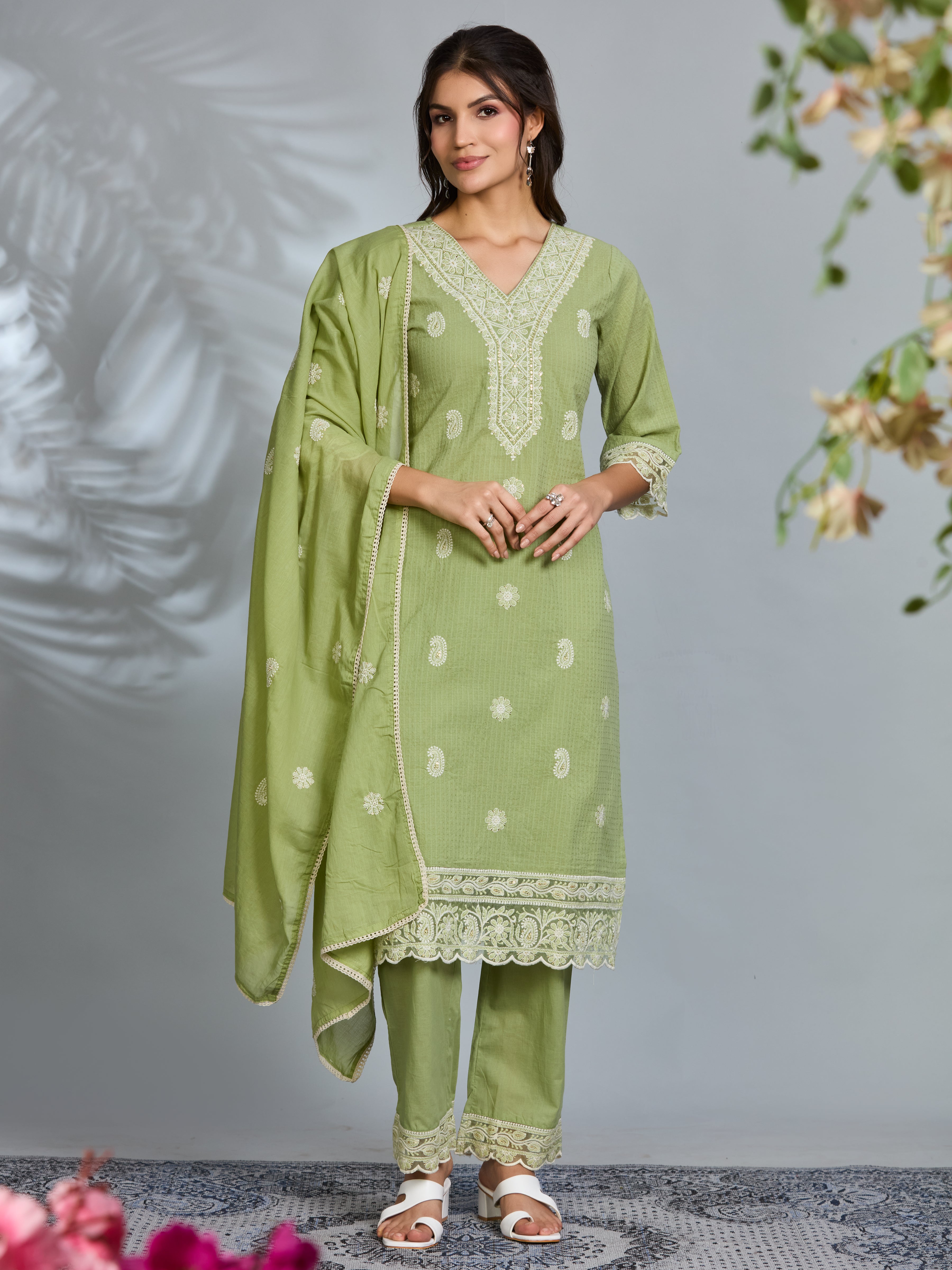Pastel Green Elegance Straight Suit Set with White Embroidery & Cotton Dupatta