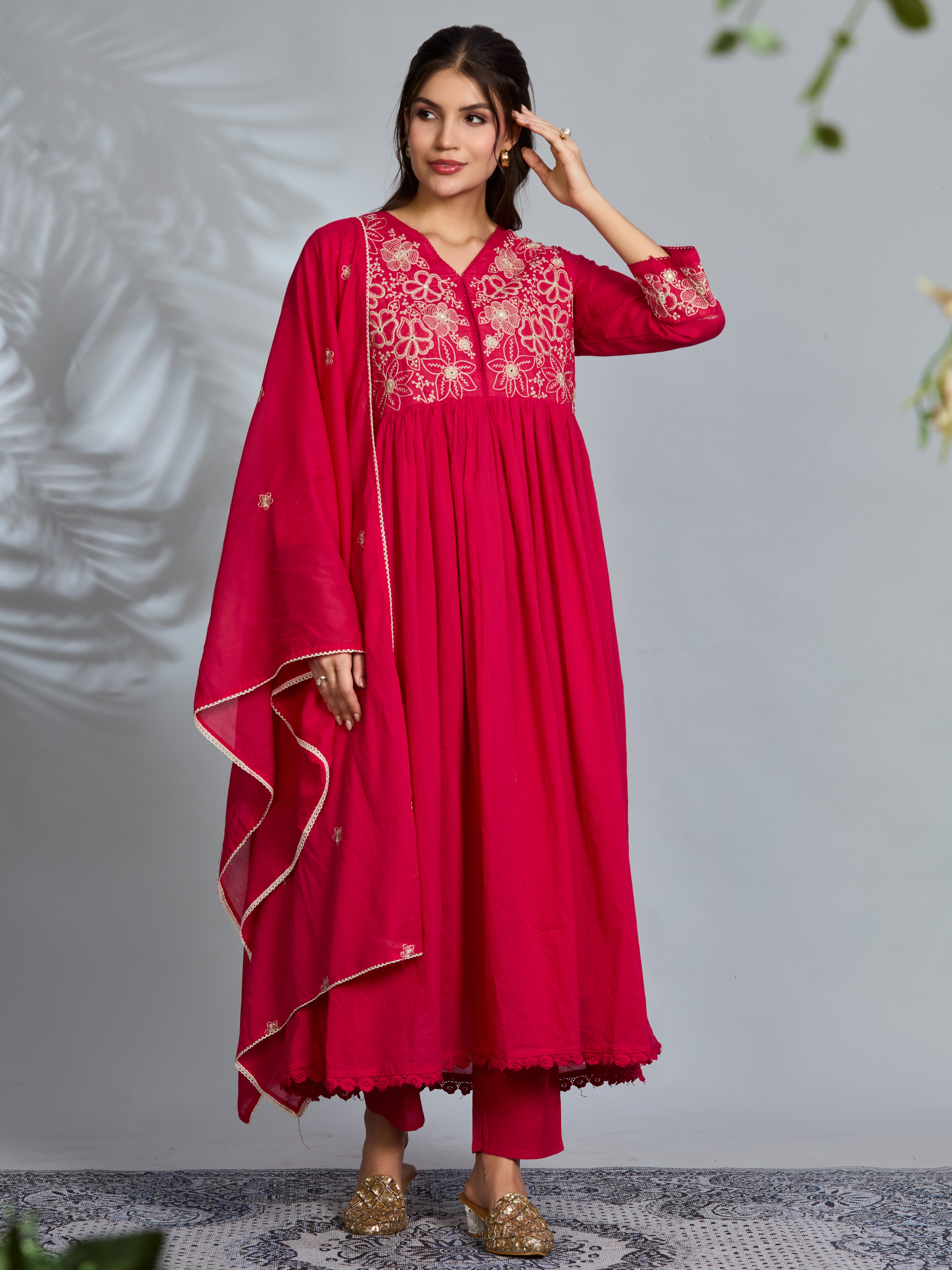 Rani Elegance Anarkali Suit Set with Ivory Embroidery Accents in Pure Cotton with Dupatta