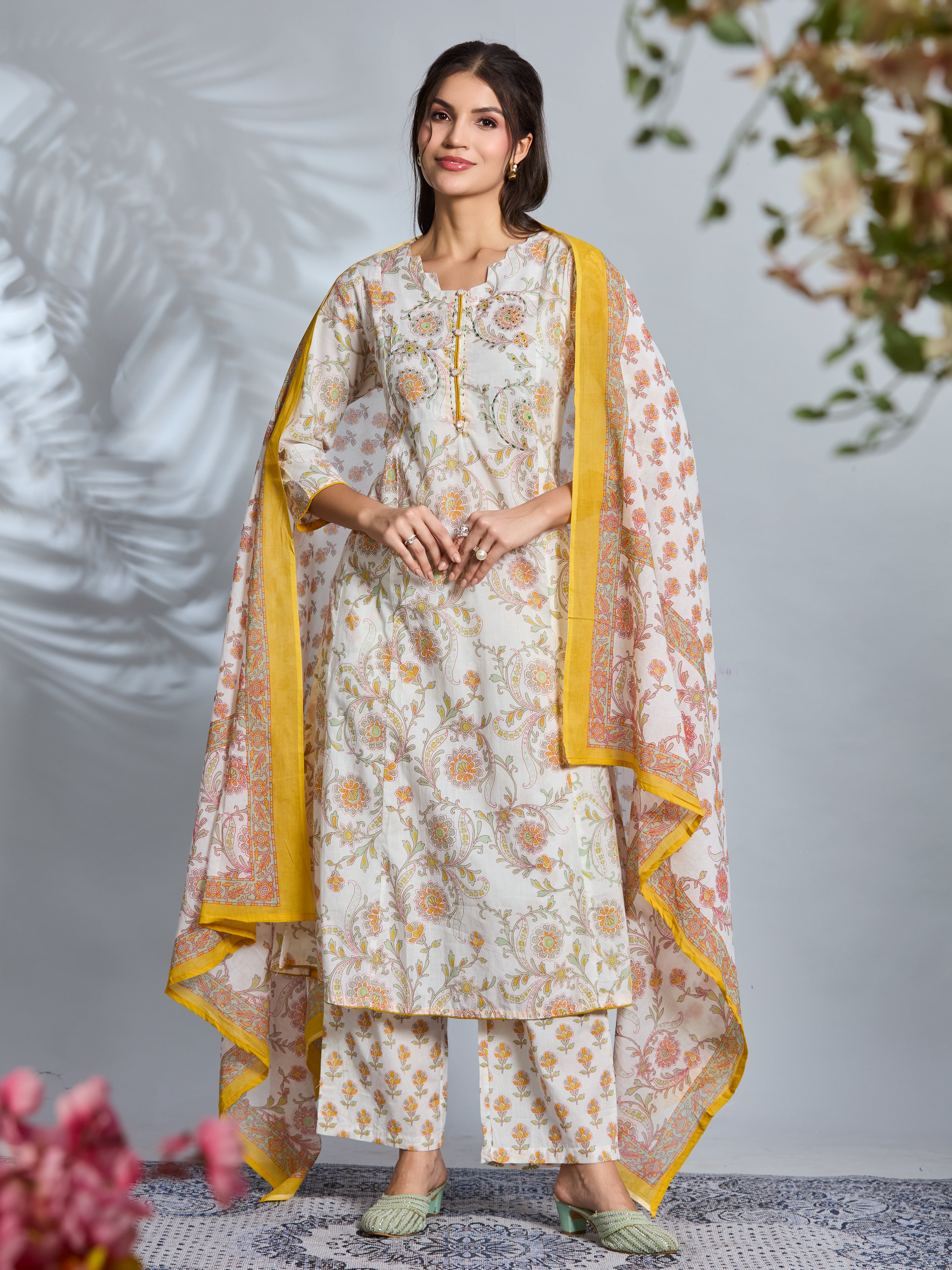 Sunny Bloom A-Line Suit Set with Yellow Floral Block Prints in Pure Cotton with Dupatta