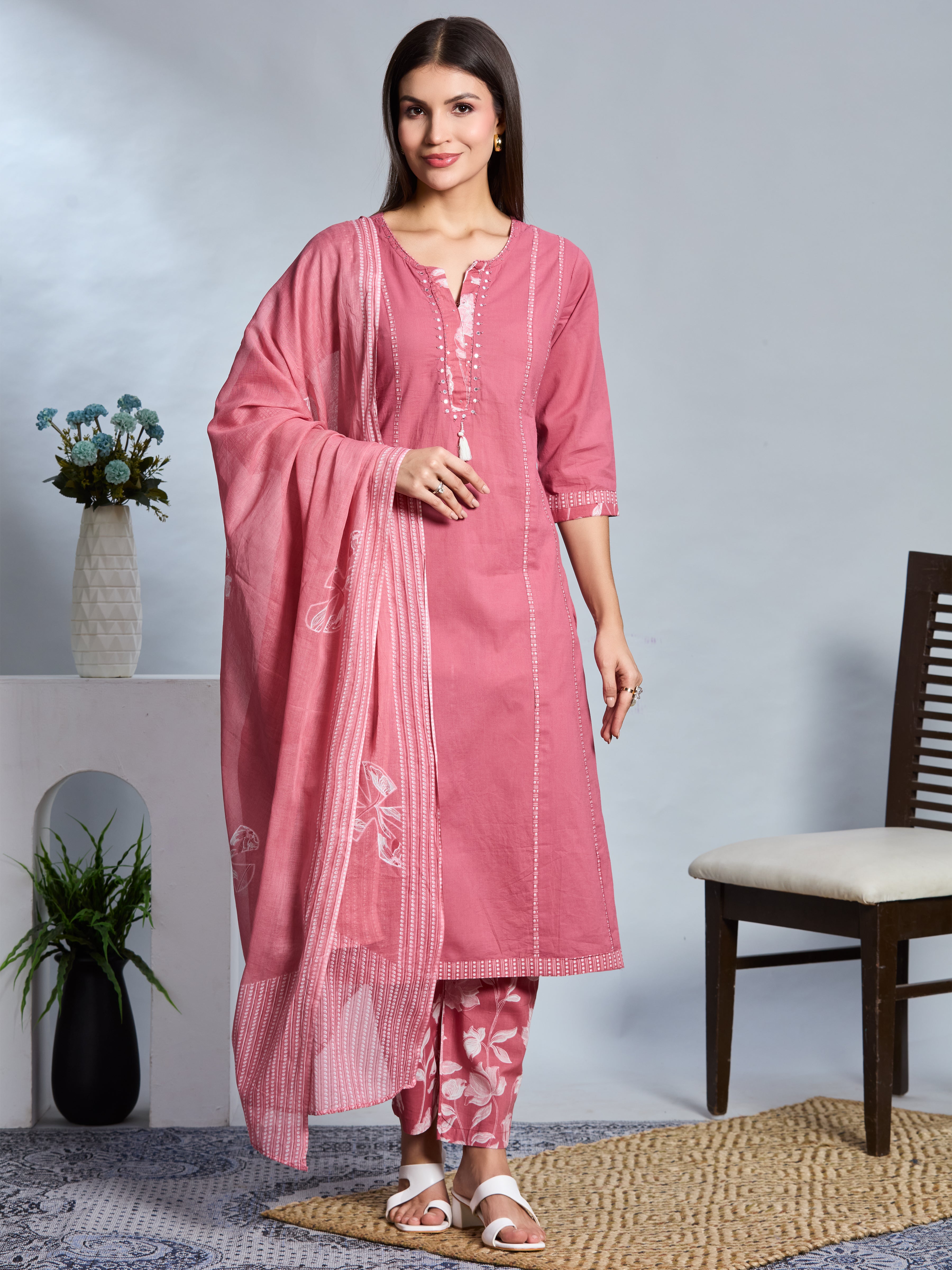 Dusty Rose Elegance A-Line Suit Set with Floral Block Prints in Pure Cotton with Cotton Dupatta