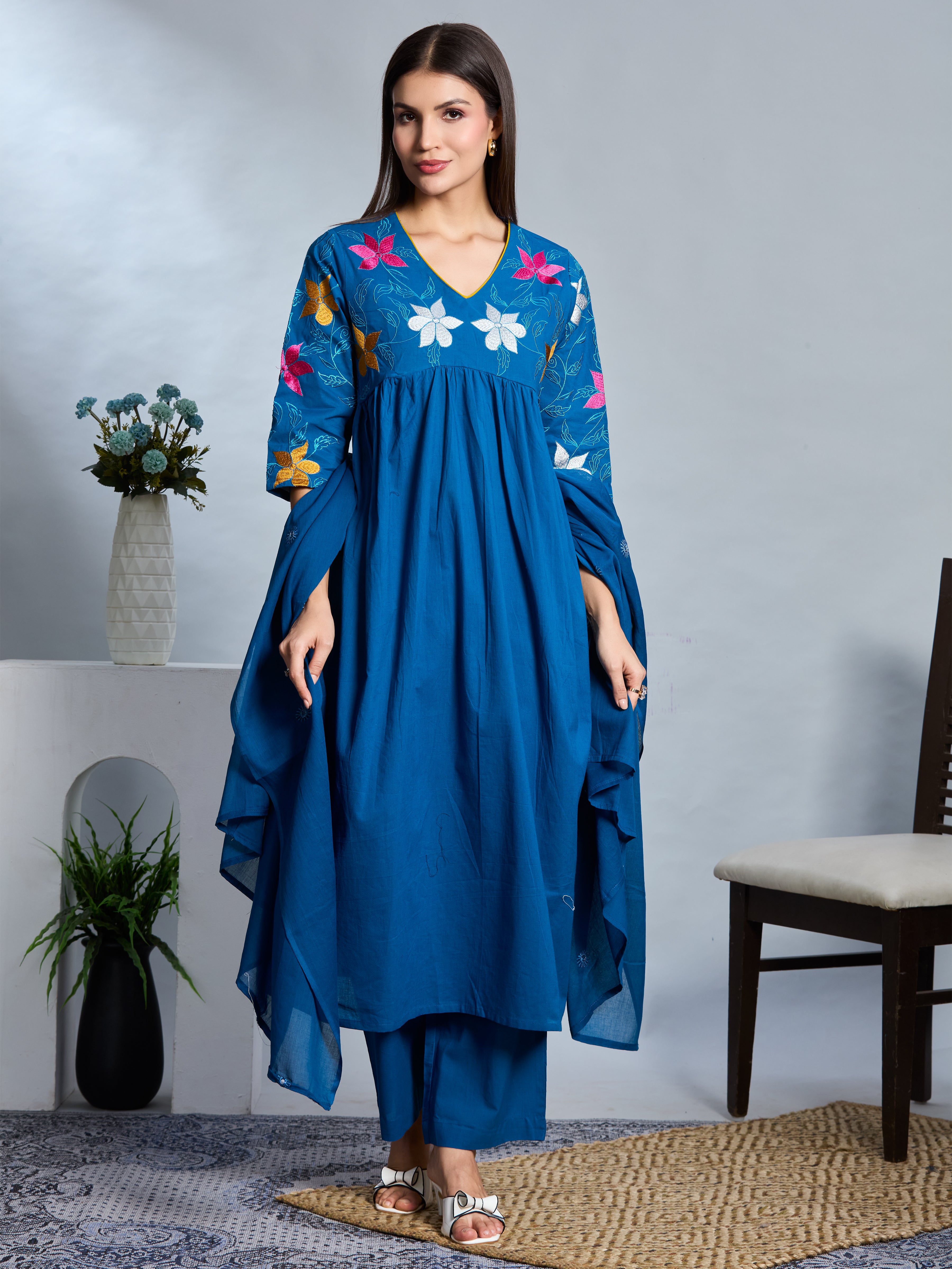 Cobalt Charm Anarkali Suit Set with Multicolor Embroidery Accents in Pure Cotton with Dupatta
