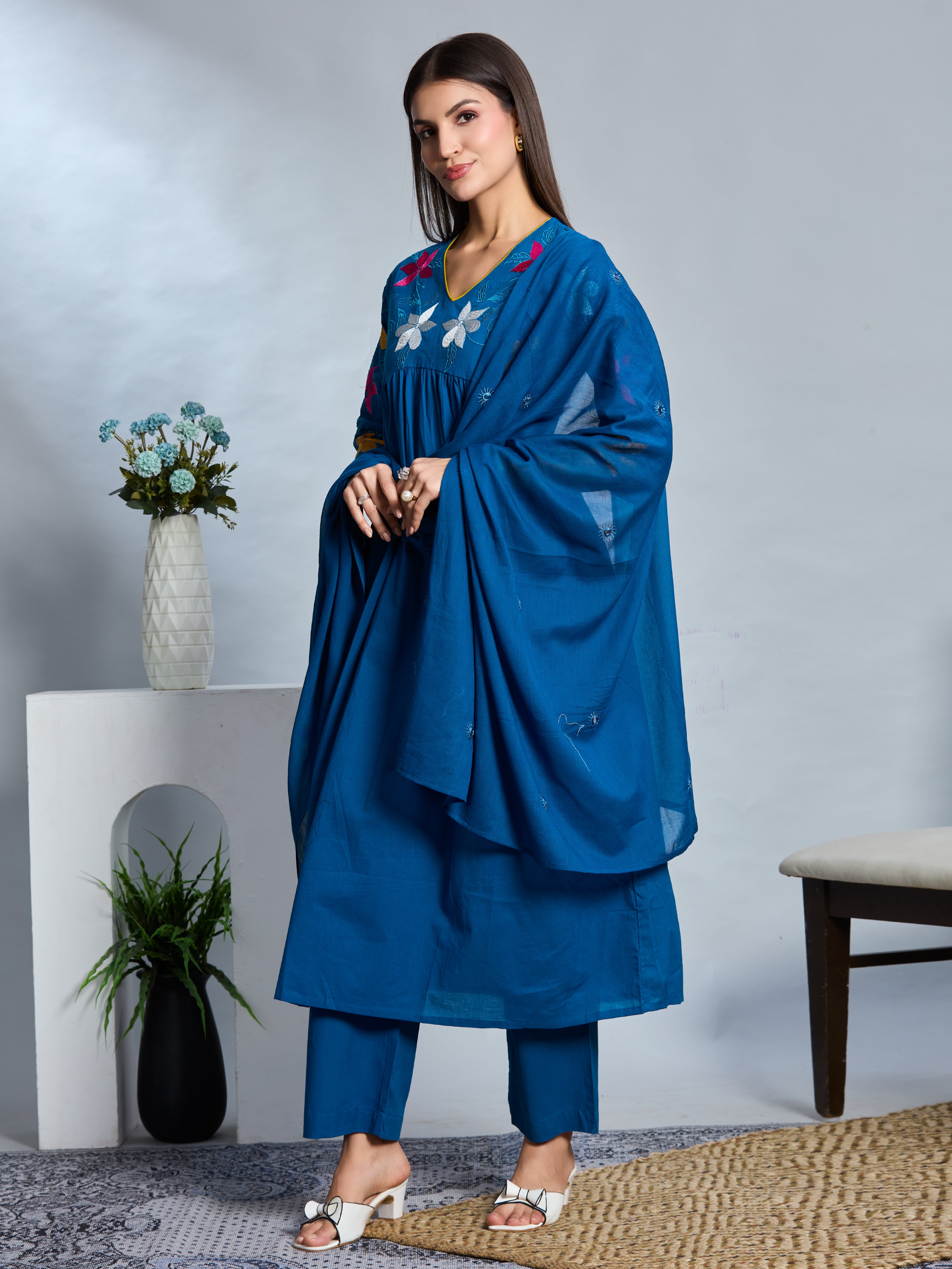 Cobalt Charm Anarkali Suit Set with Multicolor Embroidery Accents in Pure Cotton with Dupatta