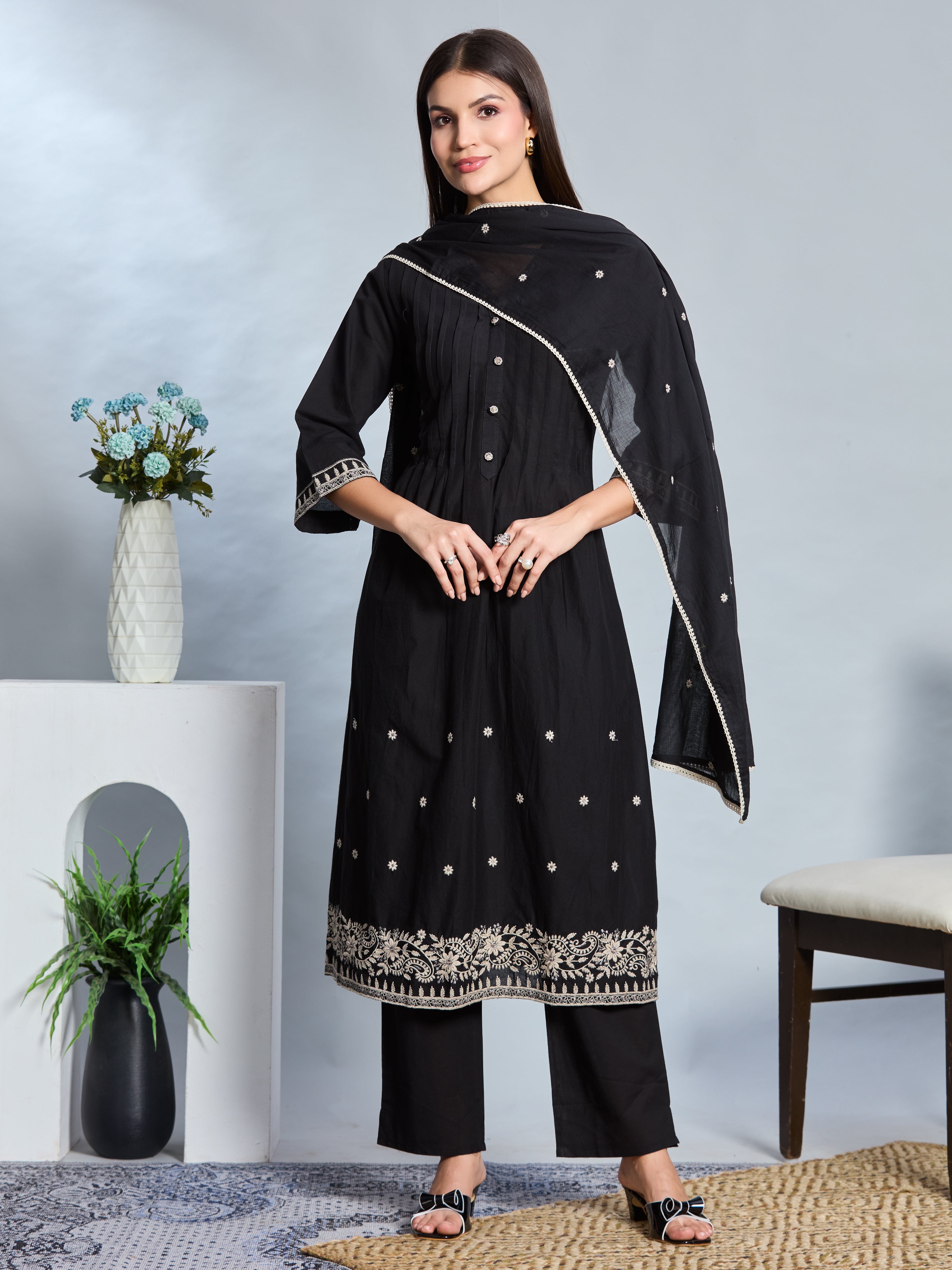 Midnight Grace A-Line Suit Set with Black & Ivory Embroidered Details with Cotton Dupatta